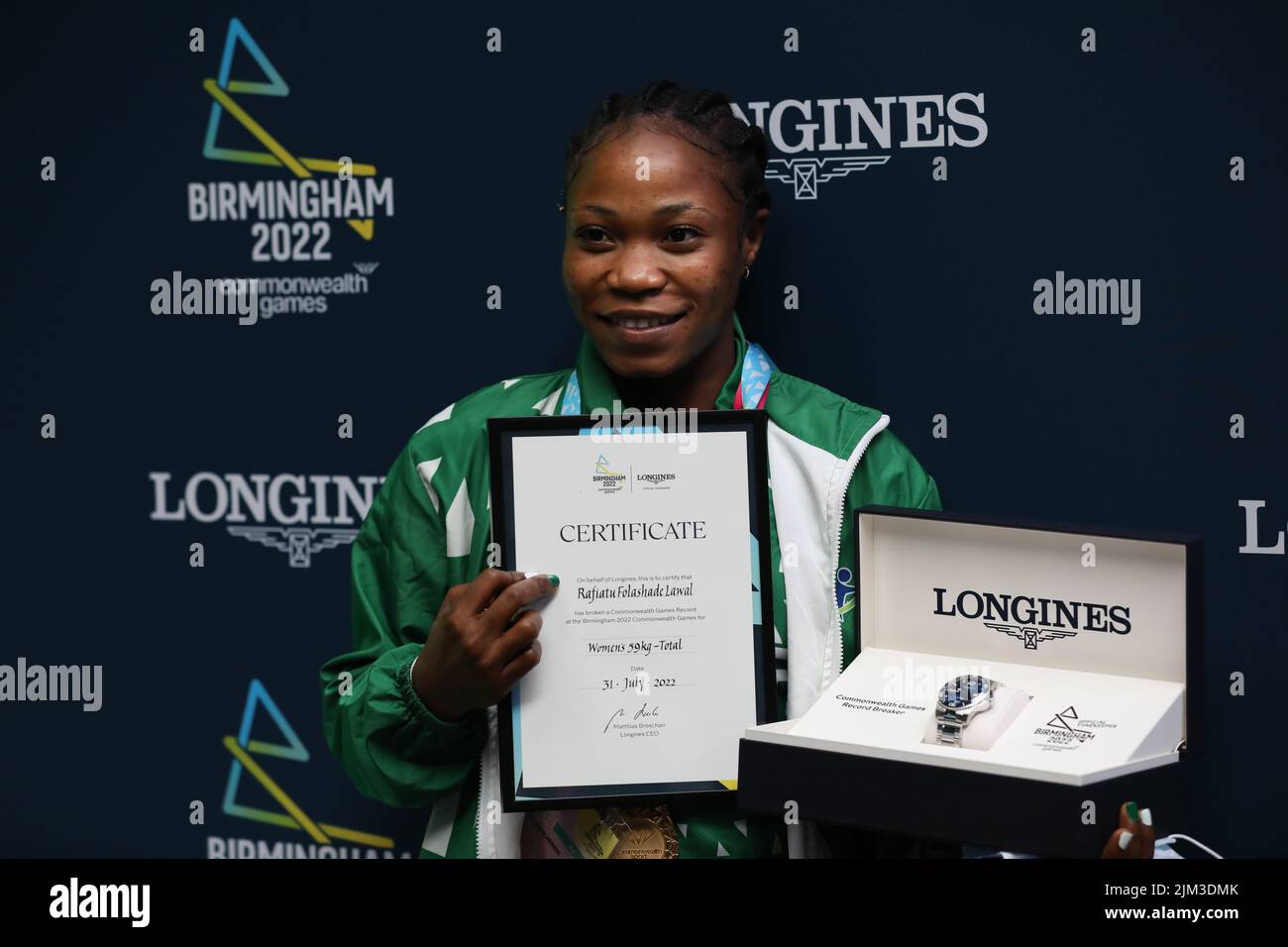 August 4, 2022, Birmingham, West Midlands, England: Nigerian weightlifter ADIJAT OLARINOYE attends the Longines Commonwealth Games record breakers celebration during the Birmingham 2022 Commonwealth Games (Credit Image: © Mickael Chavet/ZUMA Press Wire) Stock Photo