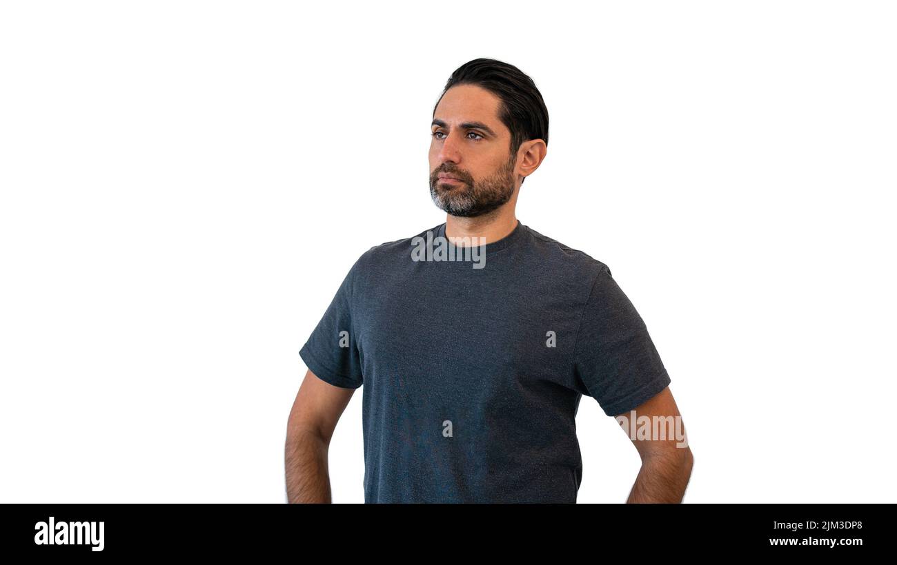 Portrait of handsome man thinking try solve problem pose over isolated background. Good looking caucasian man Stock Photo
