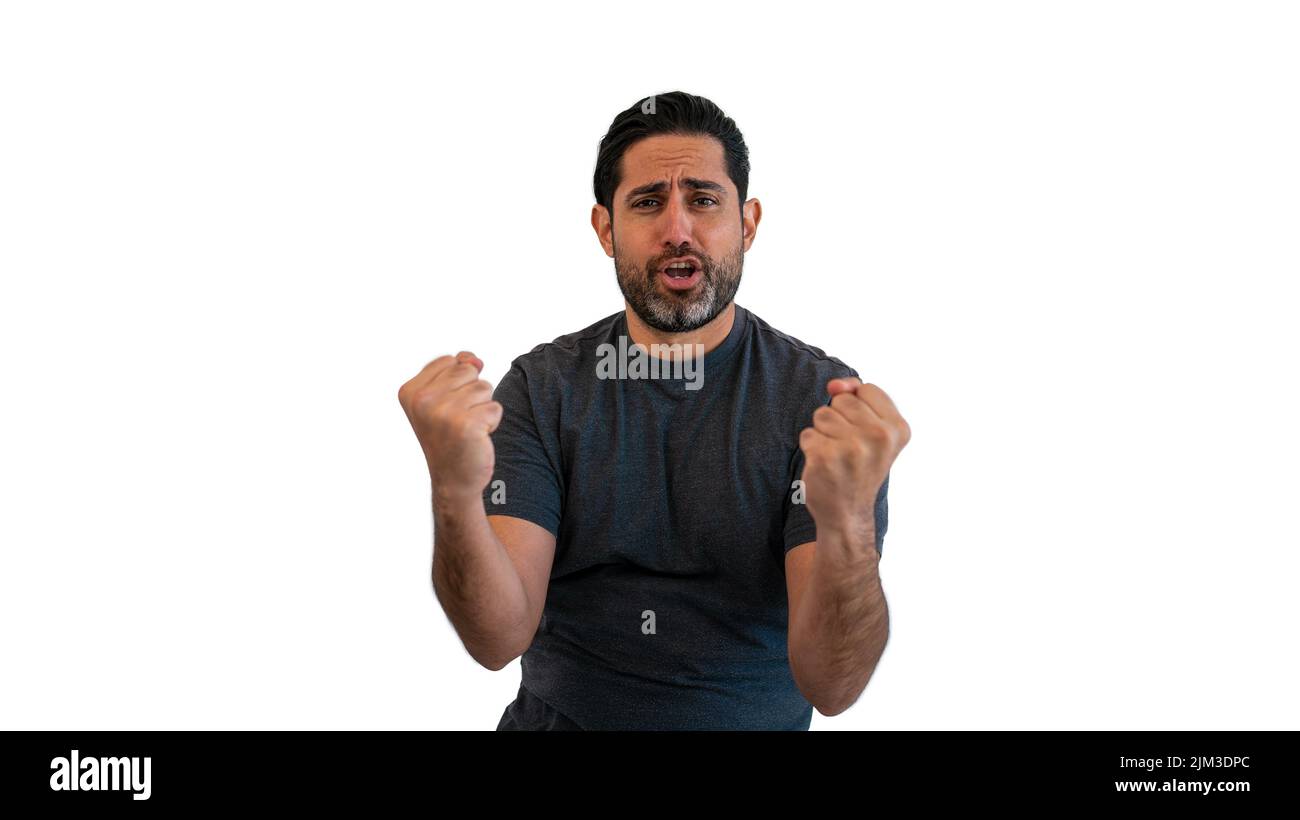 Man doing winner gesture isolated on white background. A happy person gesturing yes I did it. Celebration concept Stock Photo