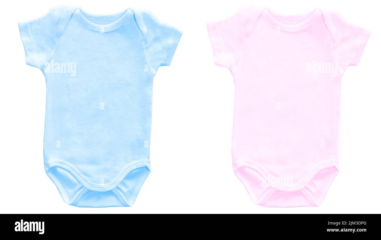 Mockup of blank blue and pink baby bodysuit for boy and girl on white background. Layout mock up ready for your design preview. Newborn clothing Mock- Stock Photo