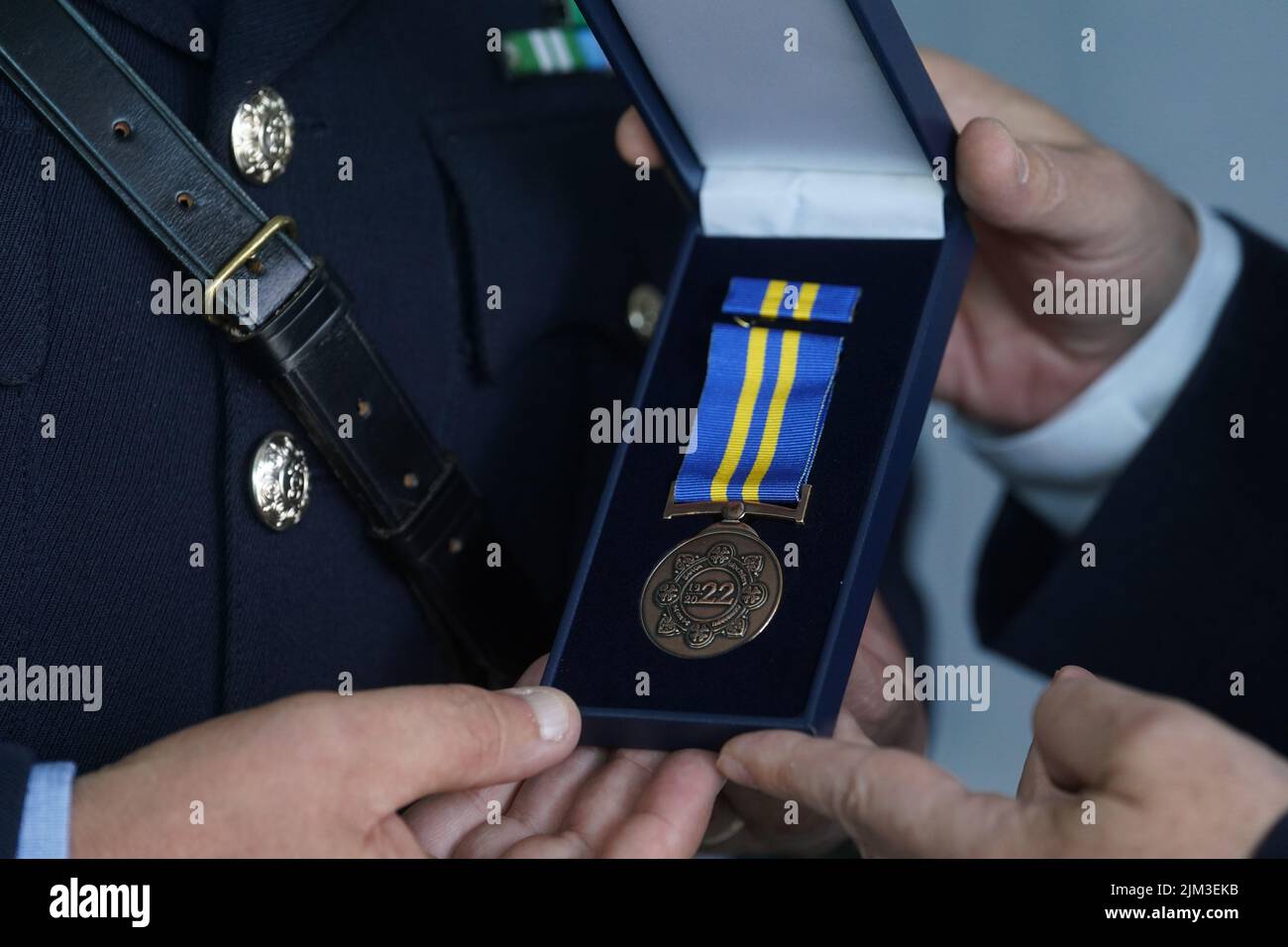 A view of specially designed and produced Commemorative Centenary Medal at a ceremony held by An Garda Síochána, as part of their Centenary Commemorations, to present serving and retired Garda personnel with a Commemorative Centenary Medal/Coin. Picture date: Thursday August 4, 2022. Stock Photo