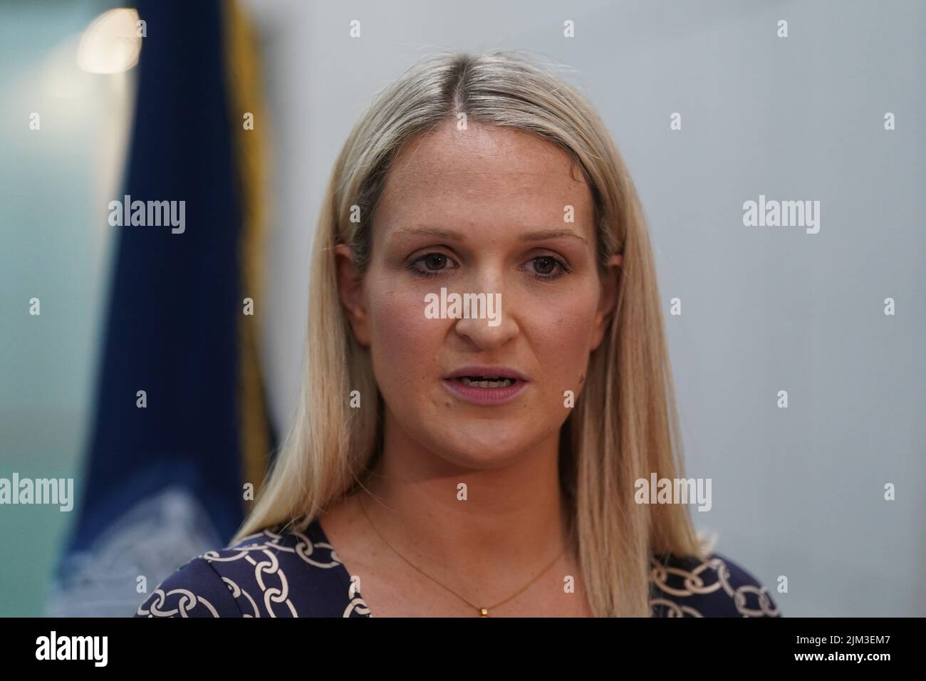 Minister for Justice Helen McEntee speaking to the media following a ceremony held by An Garda Síochána, as part of their Centenary Commemorations, to present serving and retired Garda personnel with a specially designed and produced Commemorative Centenary Medal/Coin. Picture date: Thursday August 4, 2022. Stock Photo