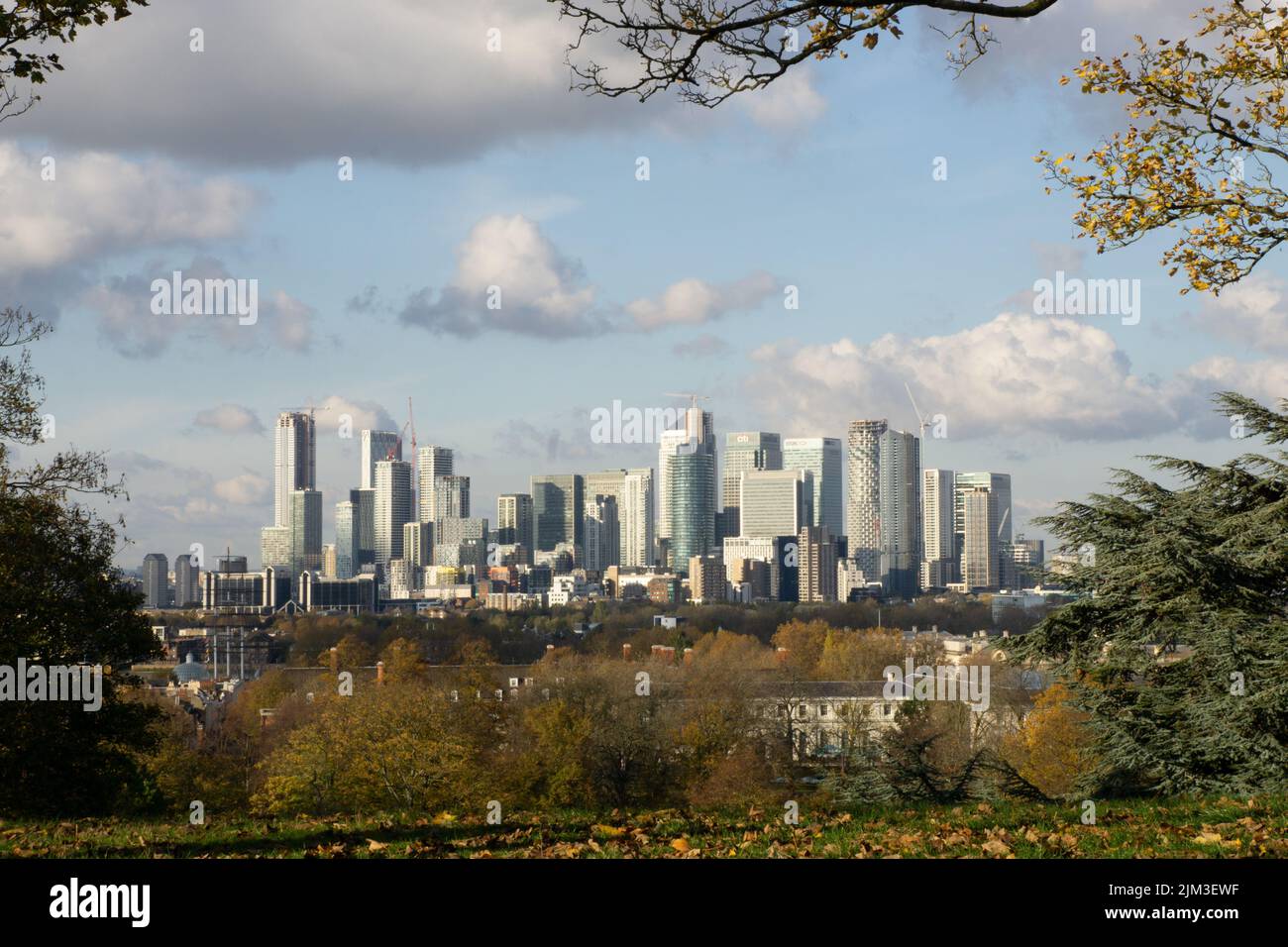 London view from Greenwich Observatory on a sunny day with clouds Stock Photo