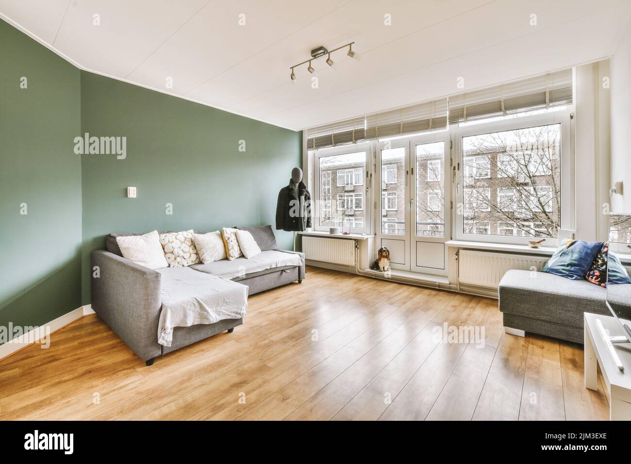 Interior design of modern minimalist style living room with large