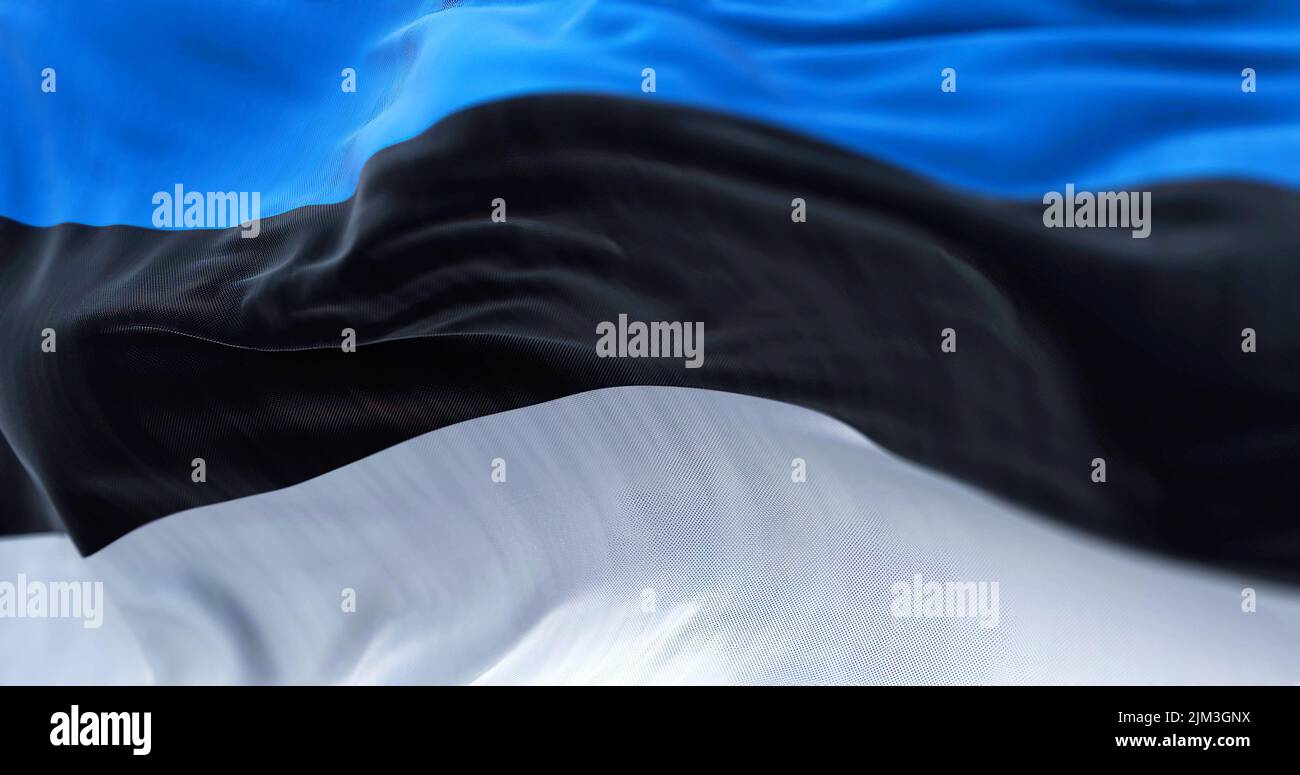 Close-up view of the estonian national flag waving in the wind. Estonia is a country in Northern Europe. Fabric textured background. Selective focus Stock Photo