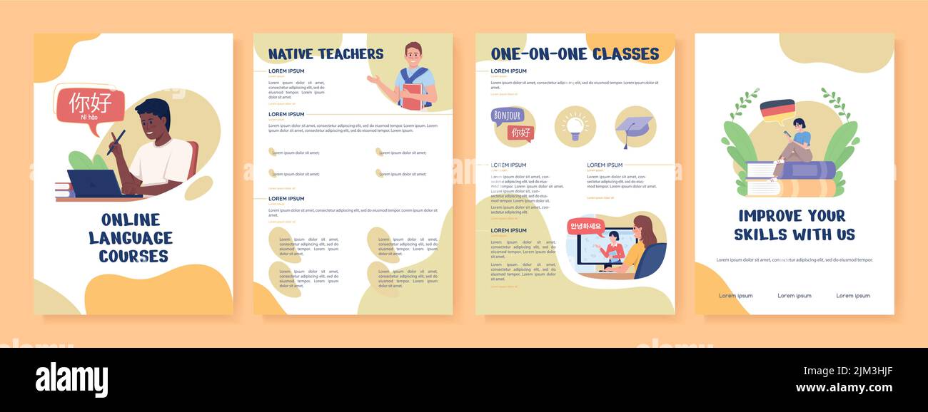 Online language courses flat vector brochure template Stock Vector