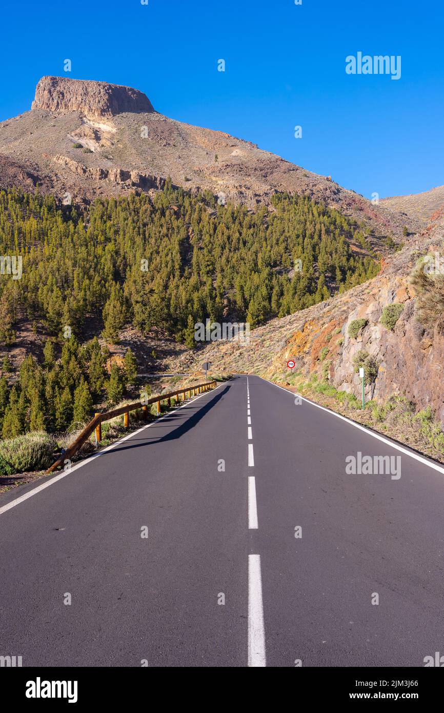 A vertical shot of an open road surrounded with mountains and green ...