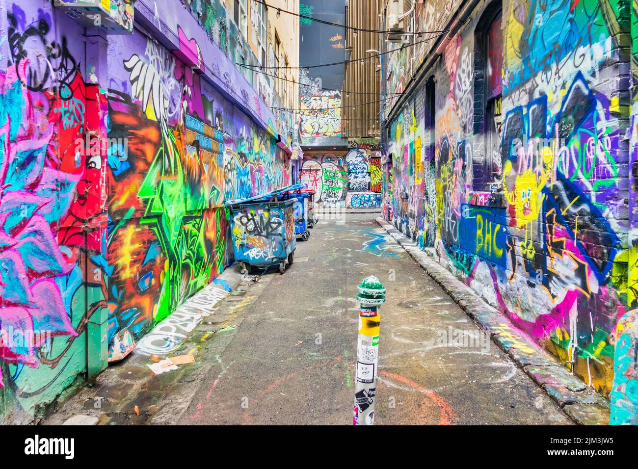 Street art on the famous Hosier Lane in downtown Melbourne, Victoria, Australia on an overcast day. Stock Photo