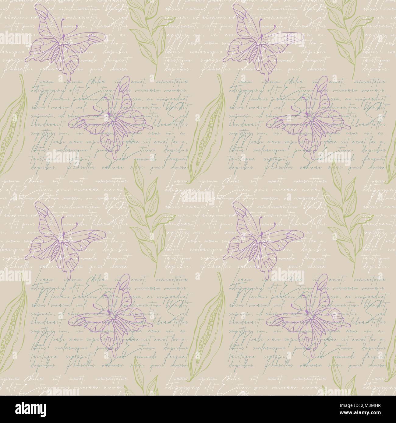 Pattern text and doodle floral branch, butterfly. Vector illustration Stock Vector