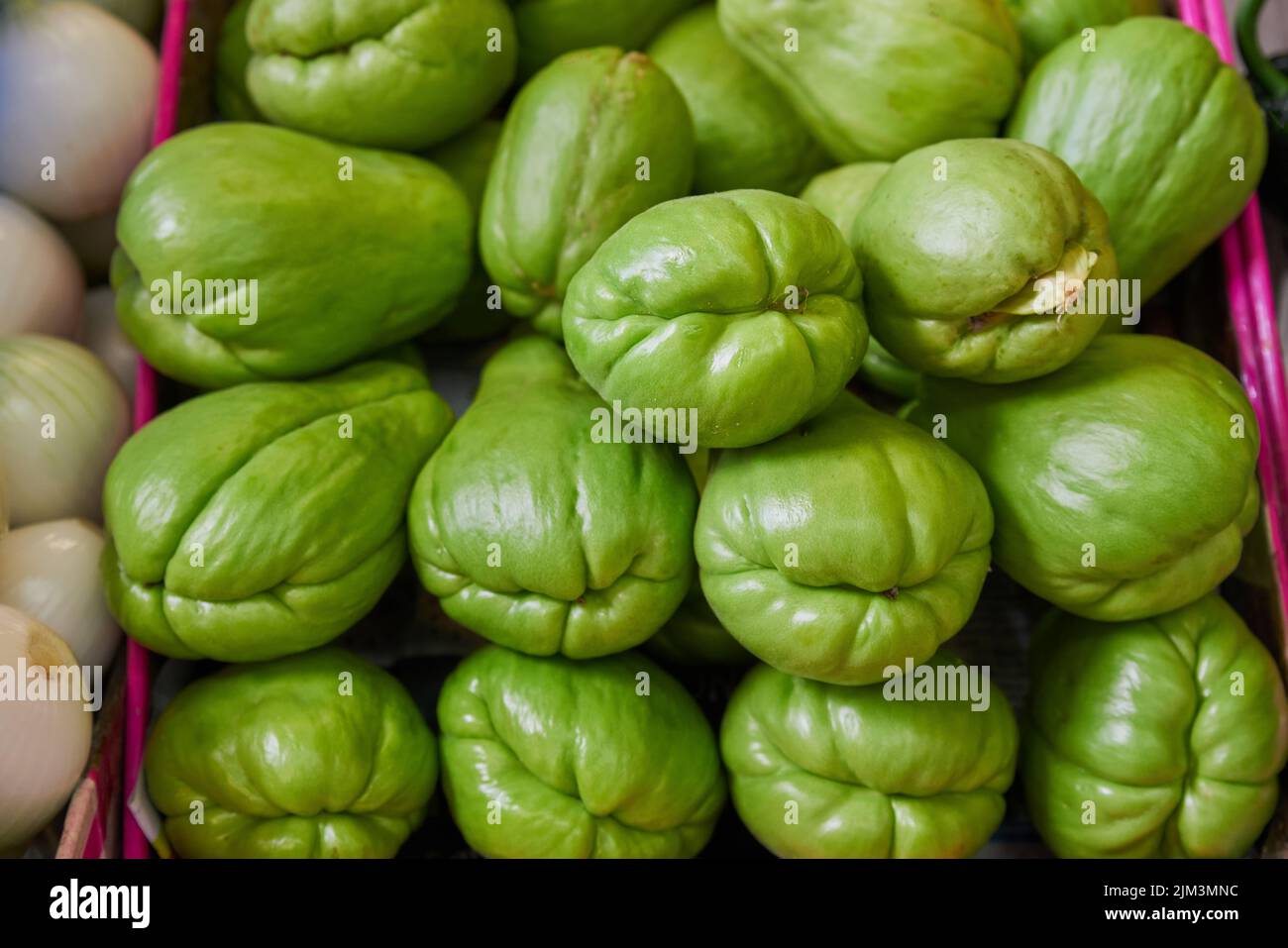 Green chayotes placed on a shelf for sale inside a market Stock Photo
