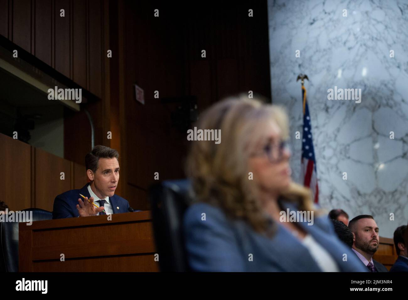 Washington, United States Of America. 04th Aug, 2022. United States Senator Marsha Blackburn (Republican of Tennessee), right, listens while United States Senator Josh Hawley (Republican of Missouri), left, questions Christopher A. Wray, Director of the Federal Bureau of Investigation (FBI) during a Senate Committee on the Judiciary hearing to examine the Federal Bureau of Investigation, in the Hart Senate Office Building in Washington, DC, Thursday, August 4, 2022. Credit: Rod Lamkey/CNP/Sipa USA Credit: Sipa USA/Alamy Live News Stock Photo