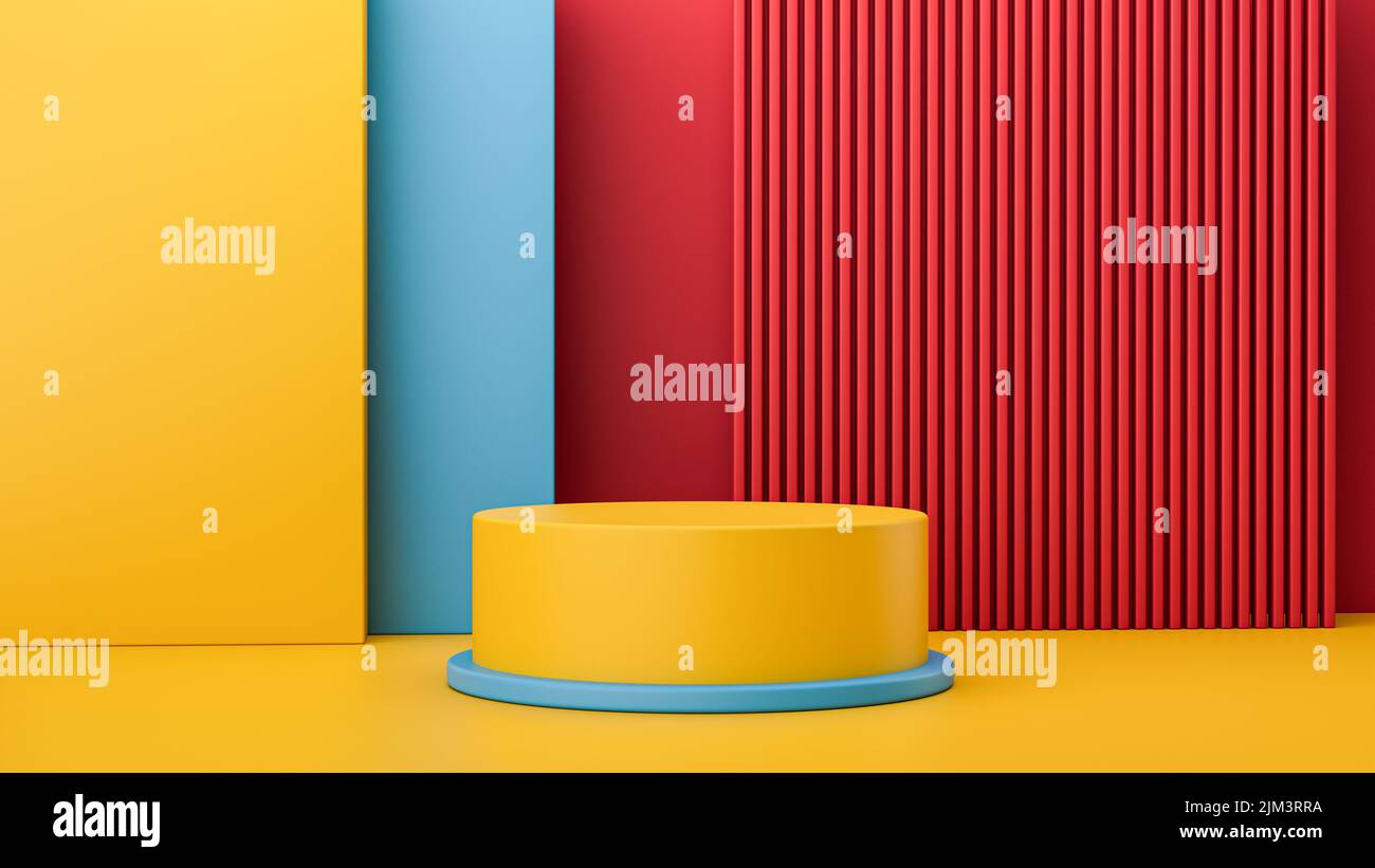An abstract 3D rendering of room with realistic blue, yellow and red ...