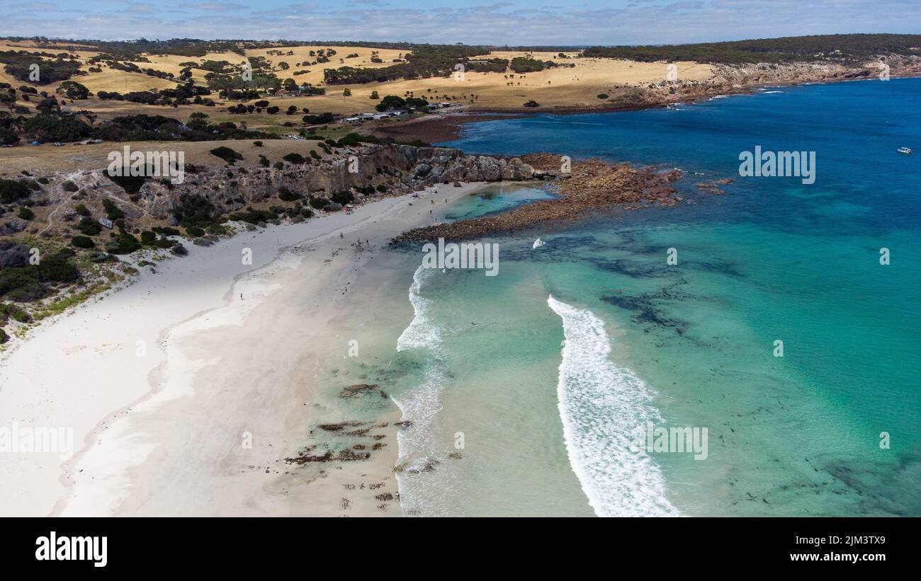 An aerial view of Stokes Bay in bright sunlight against at Kangaroo Island, Australia Stock Photo