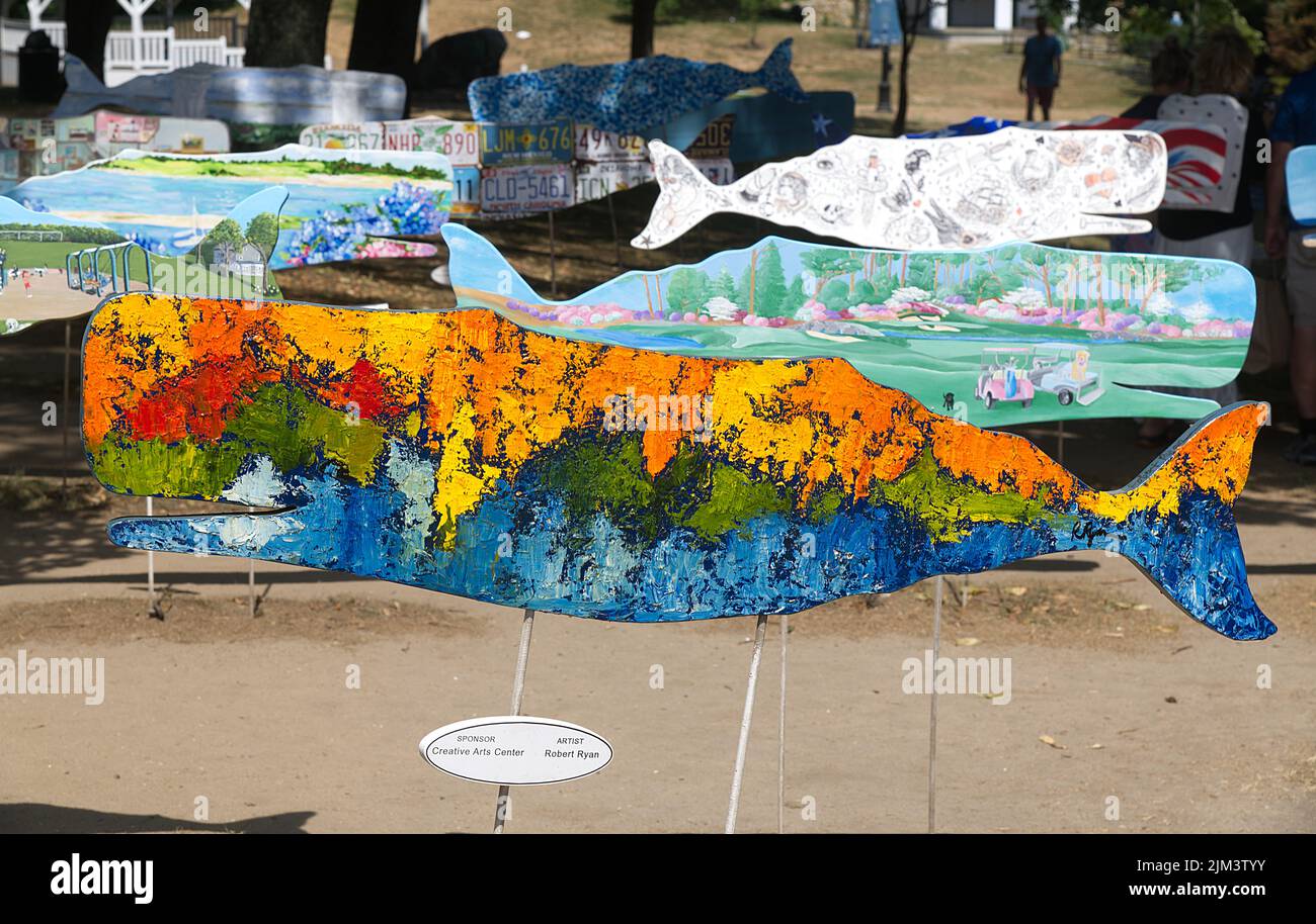 A whale cutout on display in Chatham 'Art in the Park' project on Cape Cod, USA Stock Photo