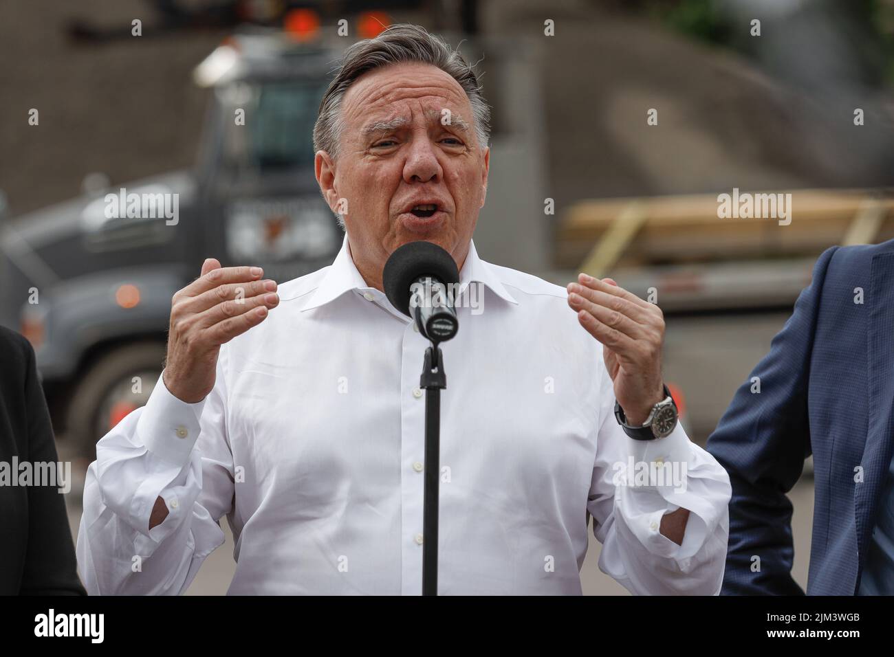 Quebec Premier Francois Legault talks to the press following a landslide in the La Baie borough in Saguenay Wednesday June 22, 2022. Stock Photo