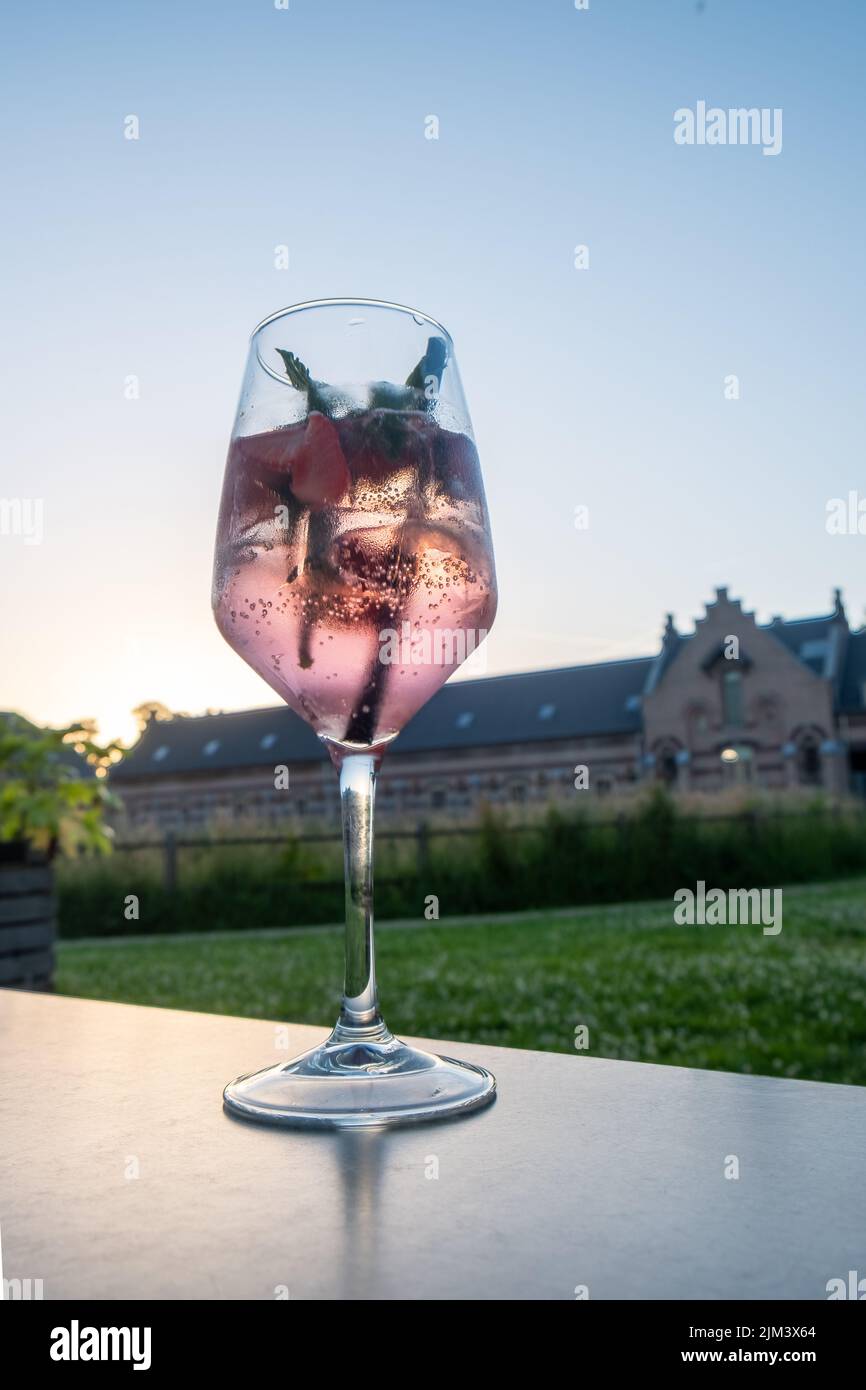 Pink cocktail, mocktail or other alcoholic beverage on the table near park historic buildings and sunset cloud in a rural setting. High quality photo Stock Photo