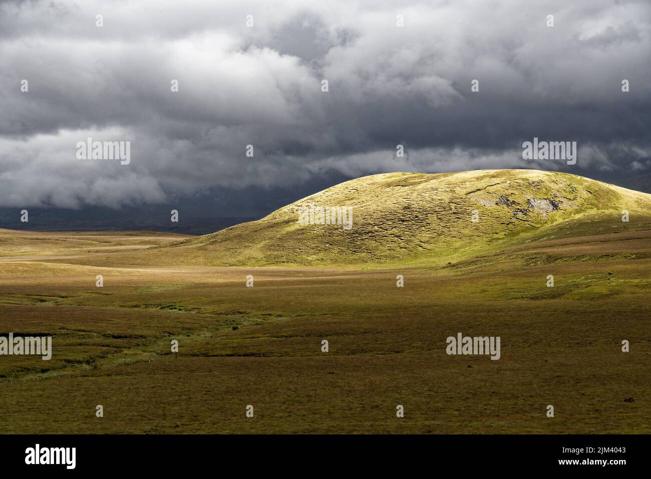 A beautiful landscape view of green land with a hill under a gray ...