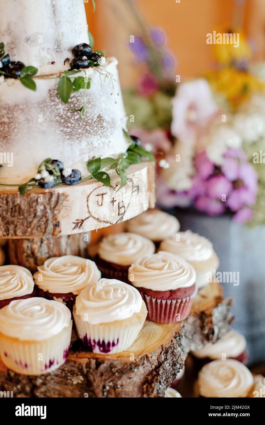 A vertical shot of a wedding cake with cupcakes on wooden boards in New Brunswick, Canada Stock Photo