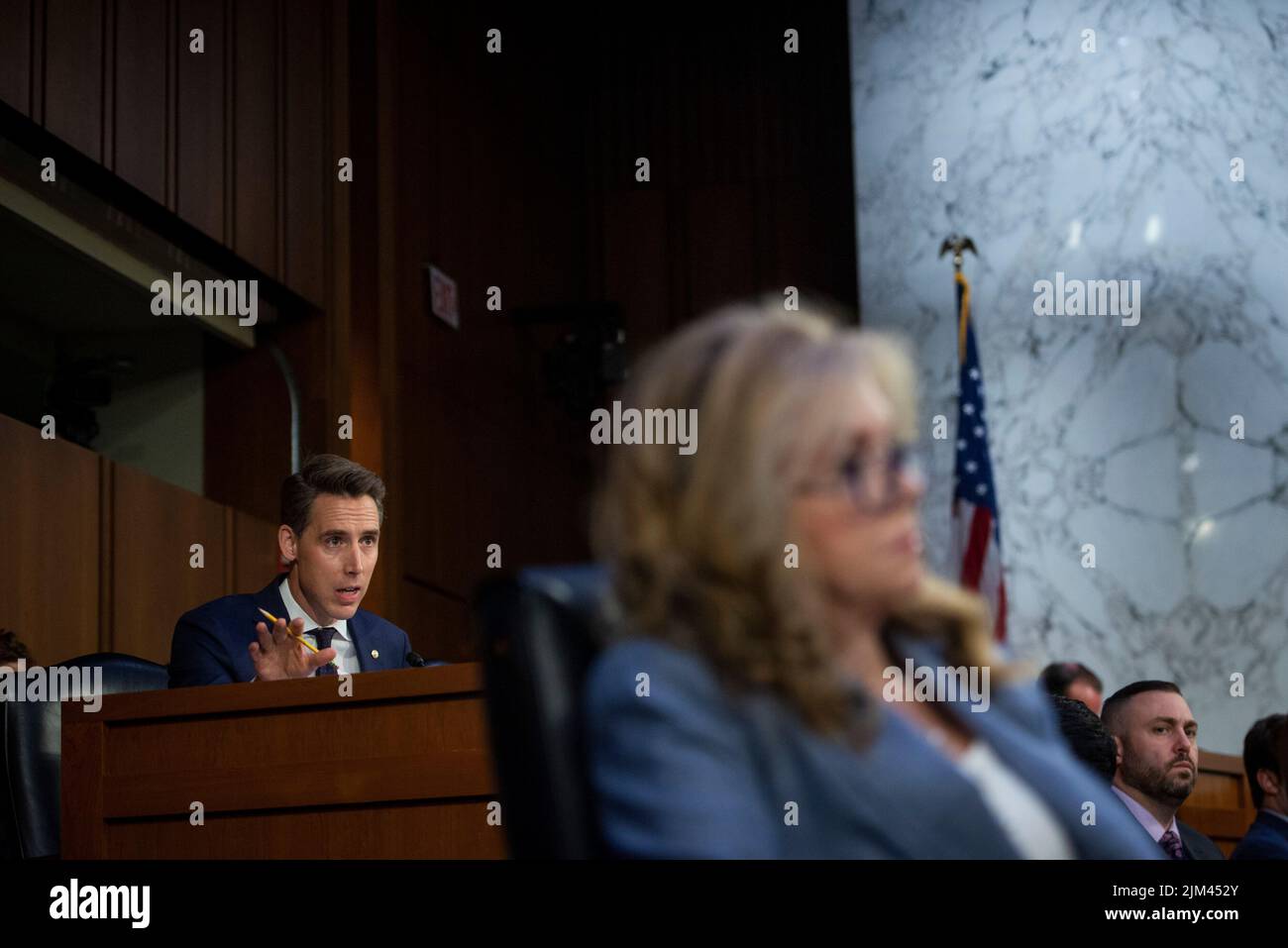 United States Senator Marsha Blackburn (Republican of Tennessee), right, listens while United States Senator Josh Hawley (Republican of Missouri), left, questions Christopher A. Wray, Director of the Federal Bureau of Investigation (FBI) during a Senate Committee on the Judiciary hearing to examine the Federal Bureau of Investigation, in the Hart Senate Office Building in Washington, DC, Thursday, August 4, 2022. Credit: Rod Lamkey/CNP Stock Photo