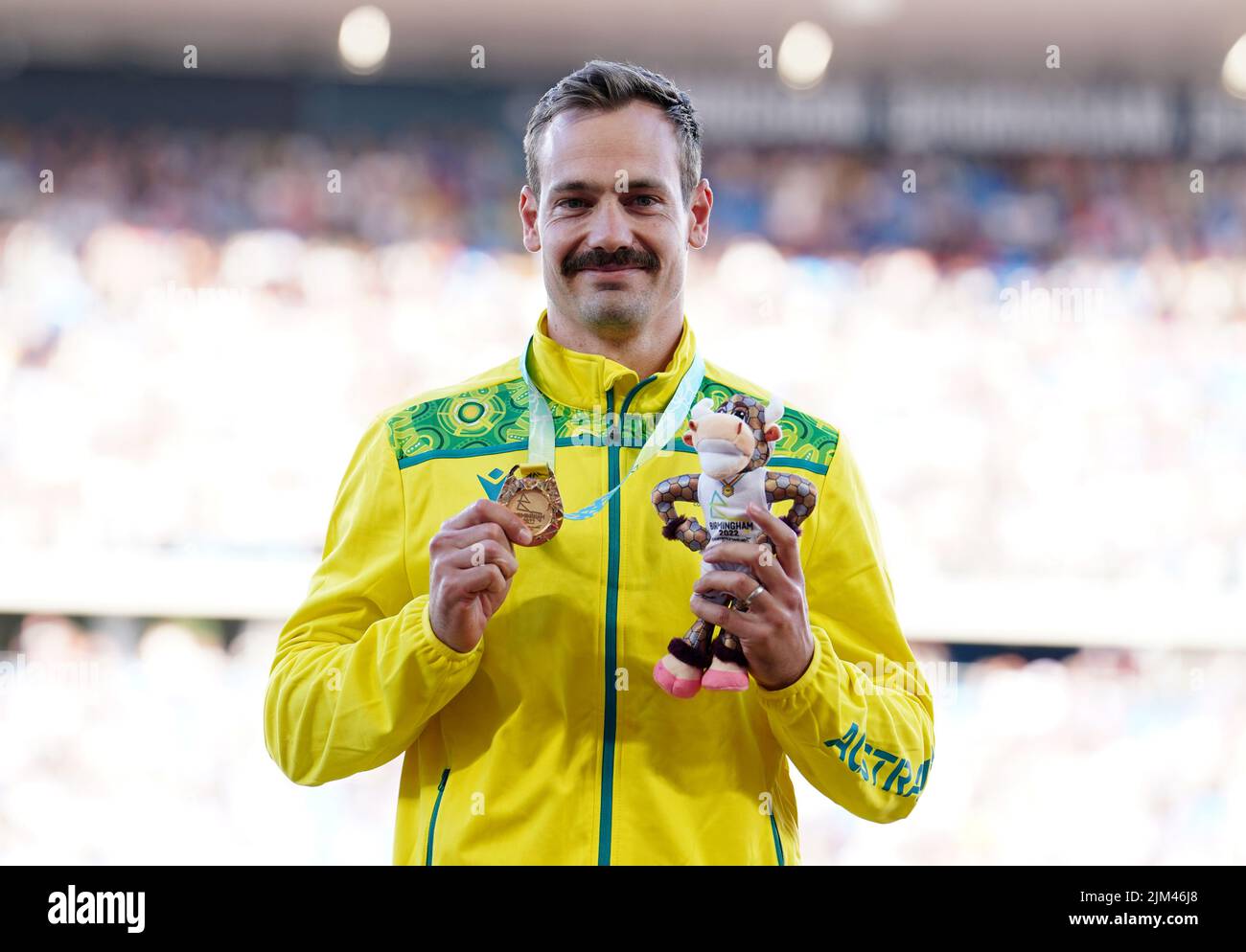 Gold medalist Australia's Evan O'Hanlon on the podium for the Men's T37/38 100m at Alexander Stadium on day seven of the 2022 Commonwealth Games in Birmingham. Picture date: Thursday August 4, 2022. Stock Photo
