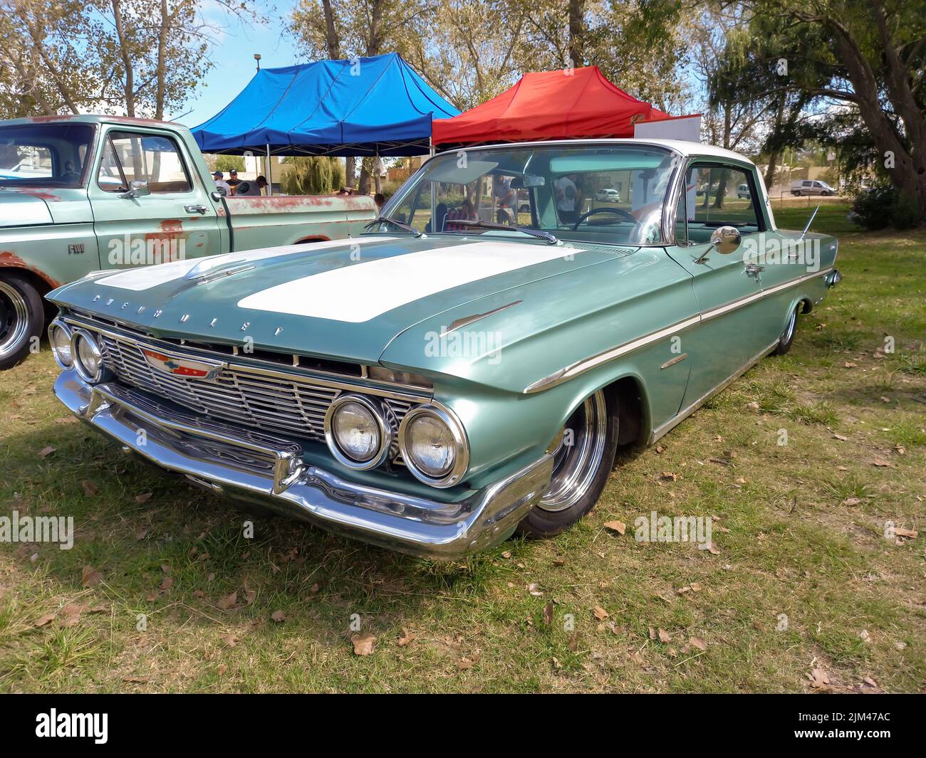 Old grey Chevrolet Chevy Bel Air sedan four door 1961 classic touring car parked on the grass. Nature trees. Copyspace Stock Photo