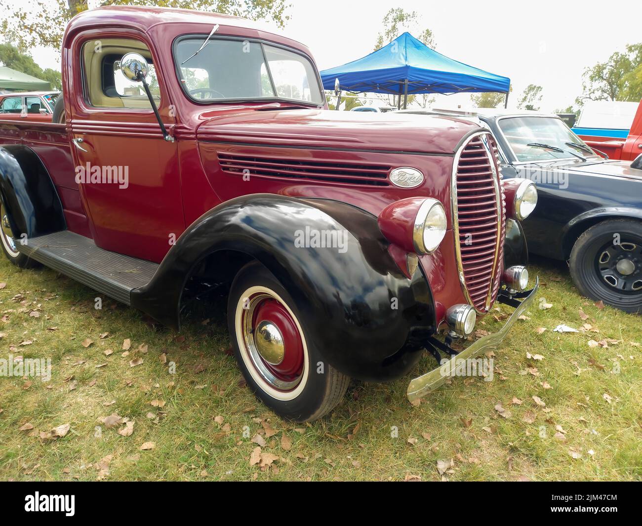 Old red and black utility pickup truck Ford 85 V8 1938 - 1939 in the countryside. Nature grass and trees. Classic car show. Stock Photo