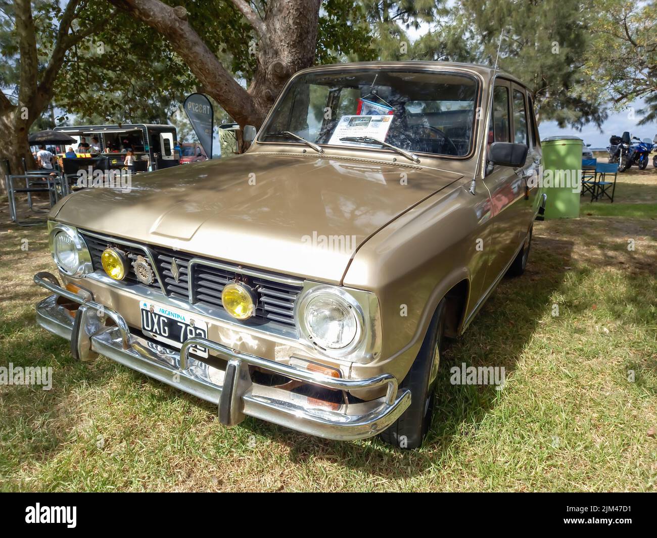 Old popular Renault 6 short station wagon 1973. Classic economy car in the countryside. Nature grass, trees and sky in the background Stock Photo