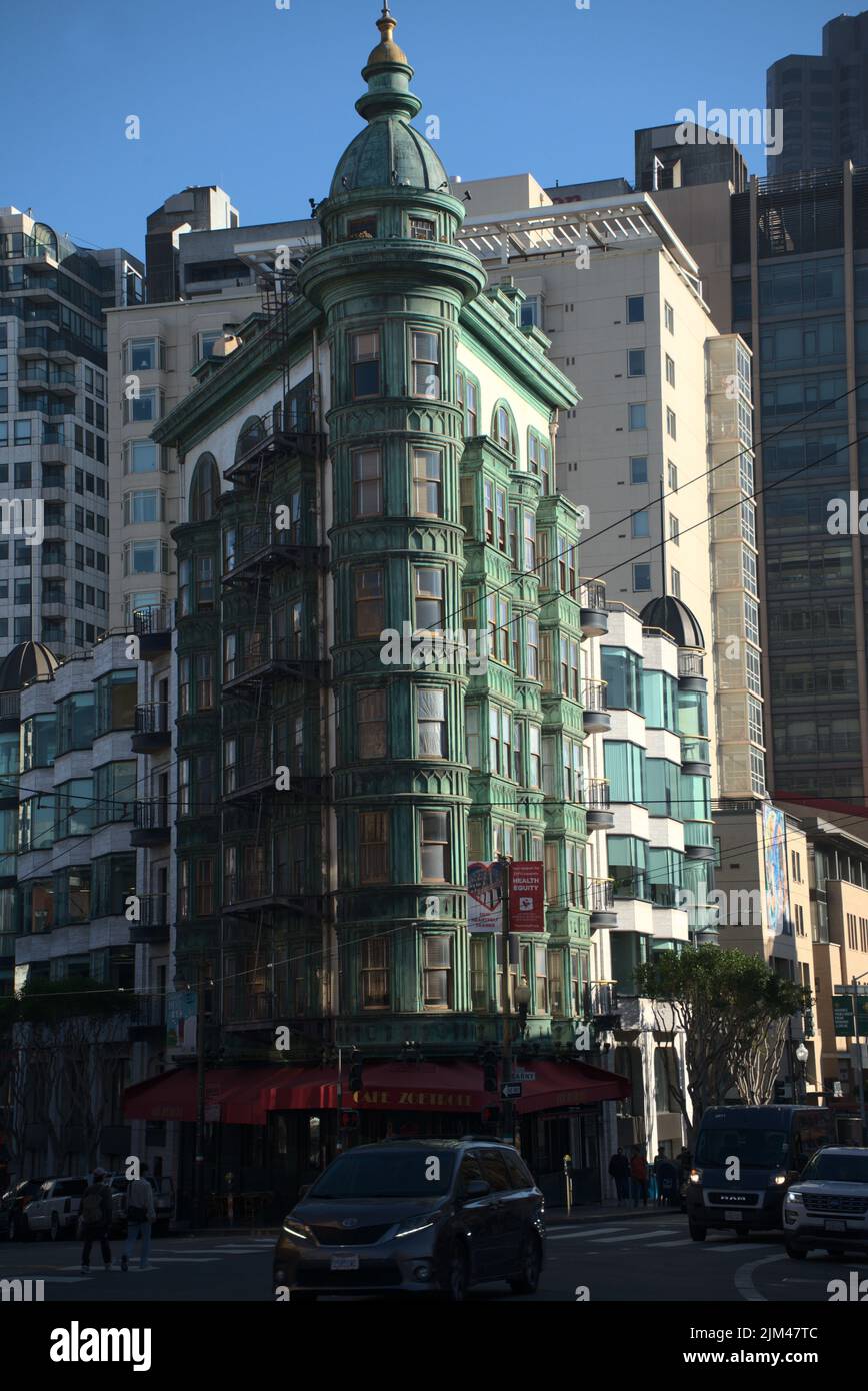 A vertical shot of the exterior of a cafe zoetrope in the north beach neighborhood of San Francisco Stock Photo