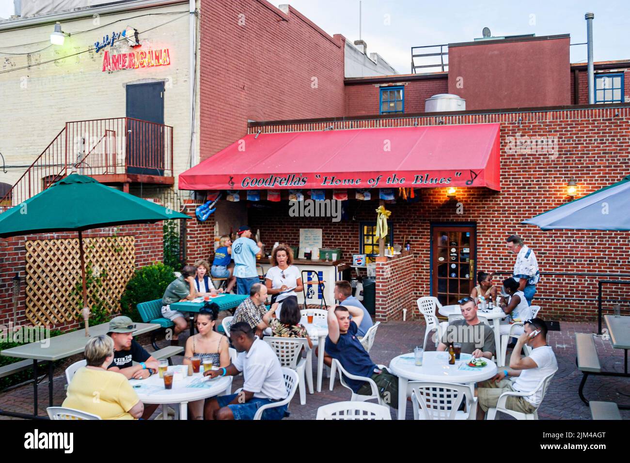 Hampton Virginia,Tidewater Area,East Queens Way,Goodfellas restaurant dining eating out,customers al fresco sidewalk outside open air tables food Stock Photo