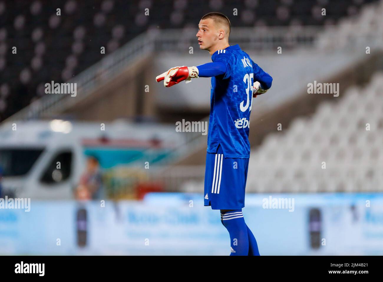 BELGRADE, SERBIA - AUGUST 4: goalkeeper Novak Micovic of FK Cukaricki during the UEFA Europa Conference League third qualifying round match between FK Cukaricki and FC Twente at Stadion FK Partizan on August 4, 2022 in Belgrade, Serbia (Photo by Nicola Krstic/Orange Pictures) Stock Photo