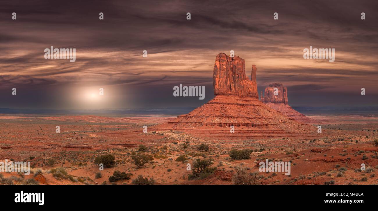 A scenery of Monument Valley red-sand desert region on the Arizona-Utah border in the USA Stock Photo