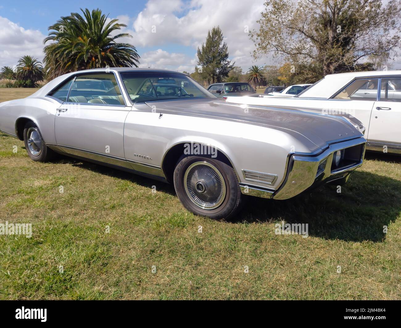 Old silver gray Buick Riviera coupe hardtop Second Generation 1966 - 1969 by GM parked on the grass. Classic luxury car. Copyspace Stock Photo