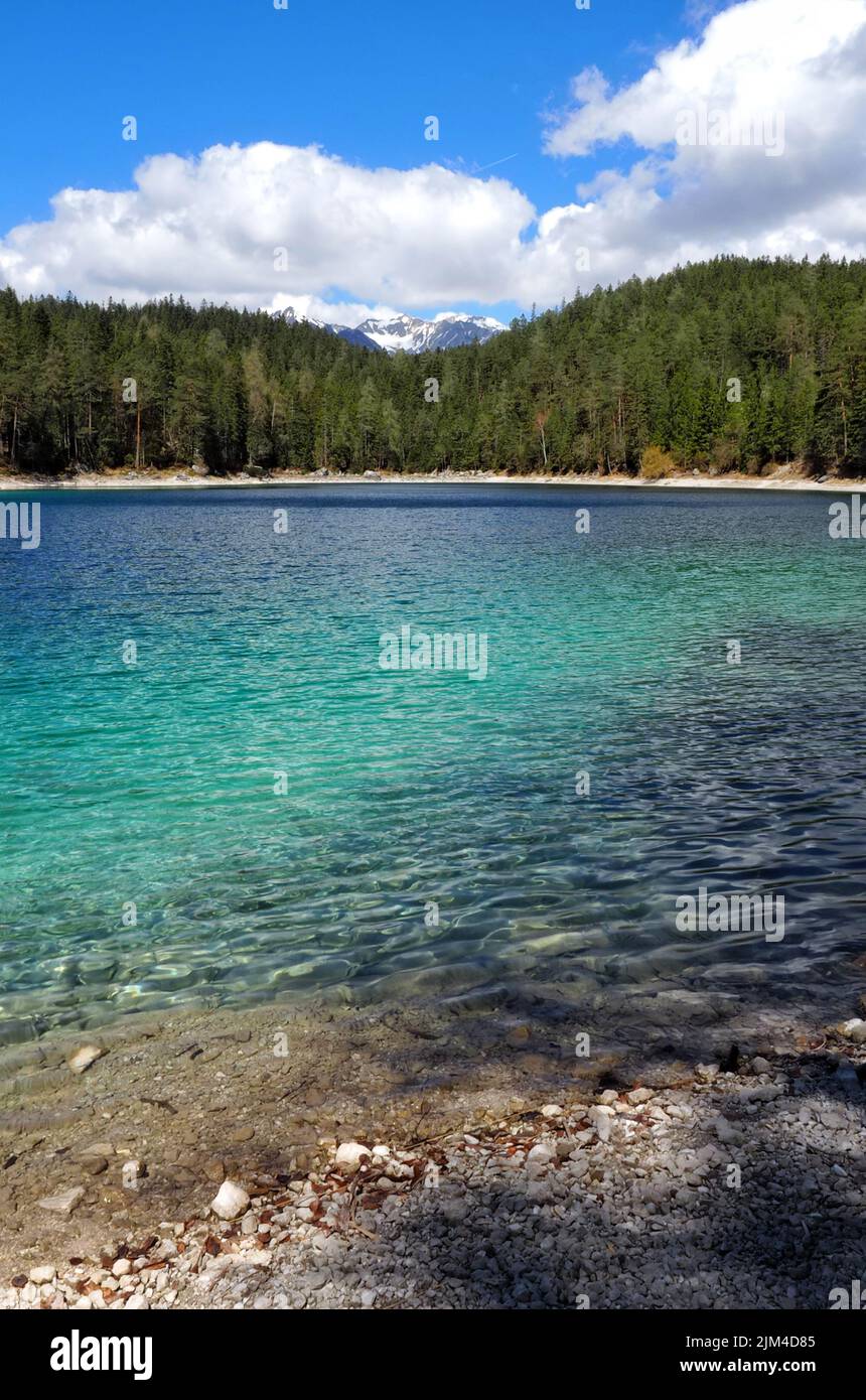 The Eibsee lake at the northerly base of the Zugspitze mountain in ...