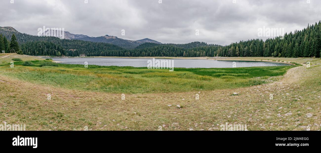 A panoramic shot of a small clear lake surrounded by lush forests under ...