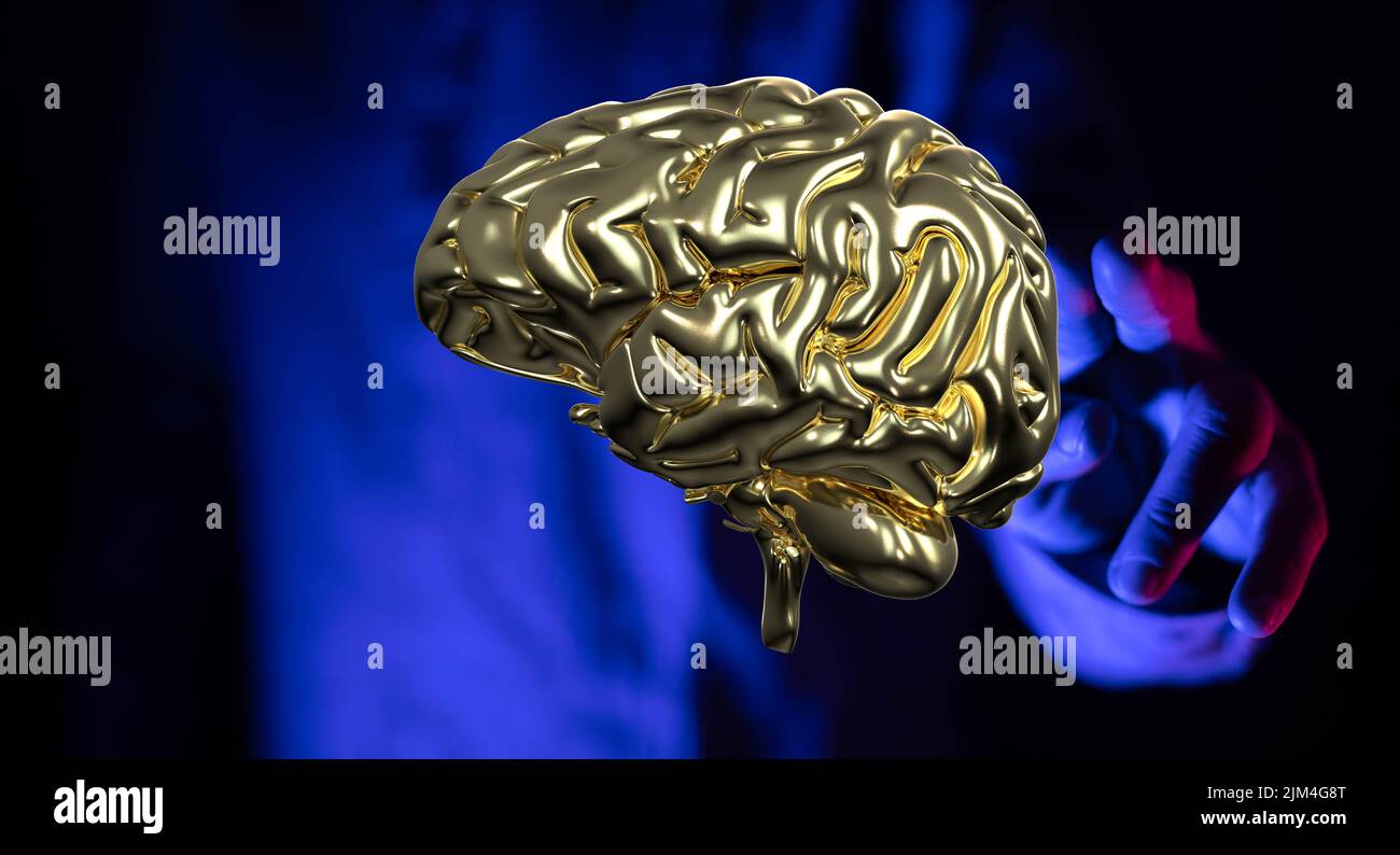 A male pointing at a brain - artificial intelligence concept Stock Photo