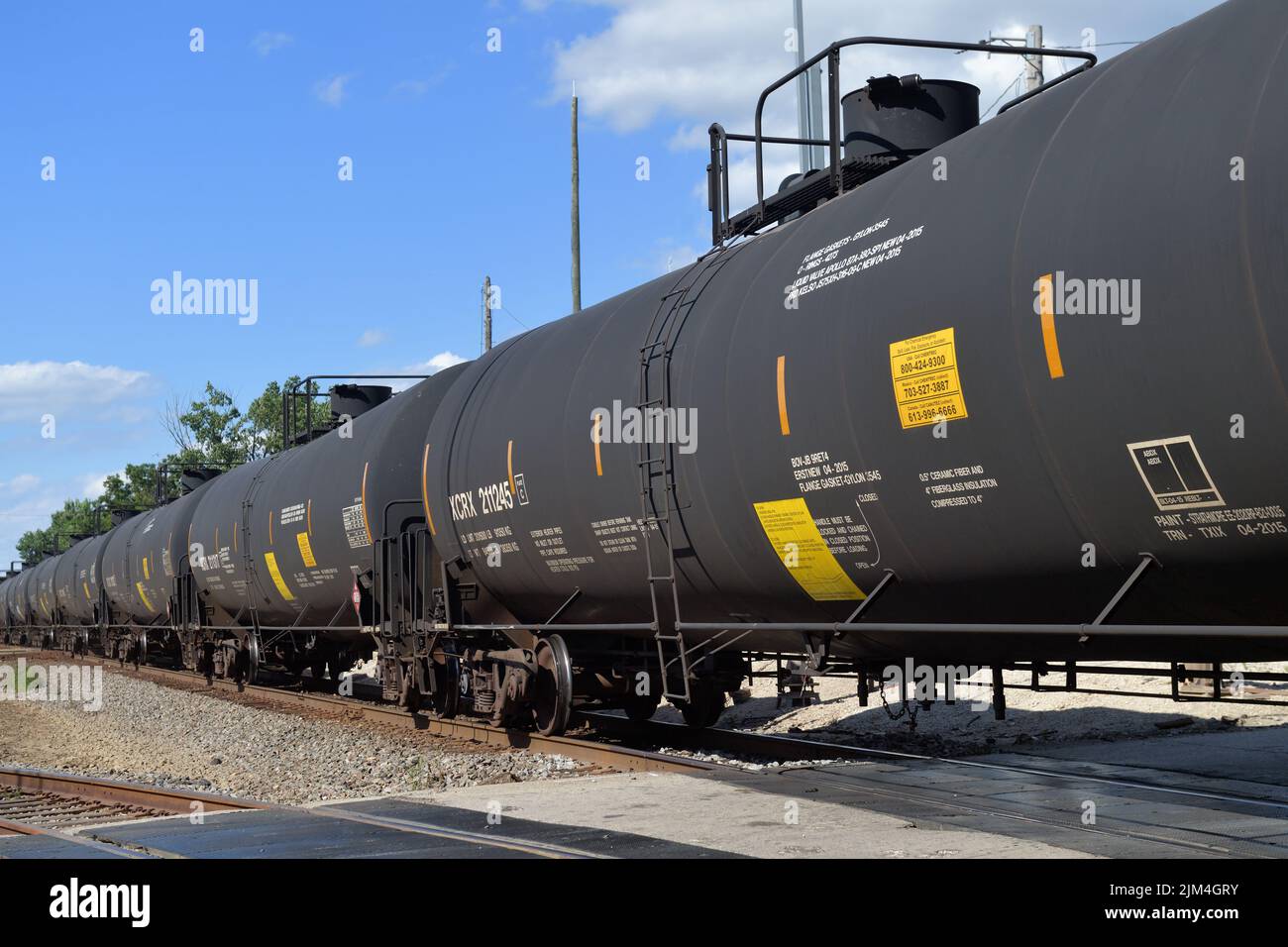 Bartlett, Illinois, USA. A Canadian National oil train heading over a cros Stock Photo