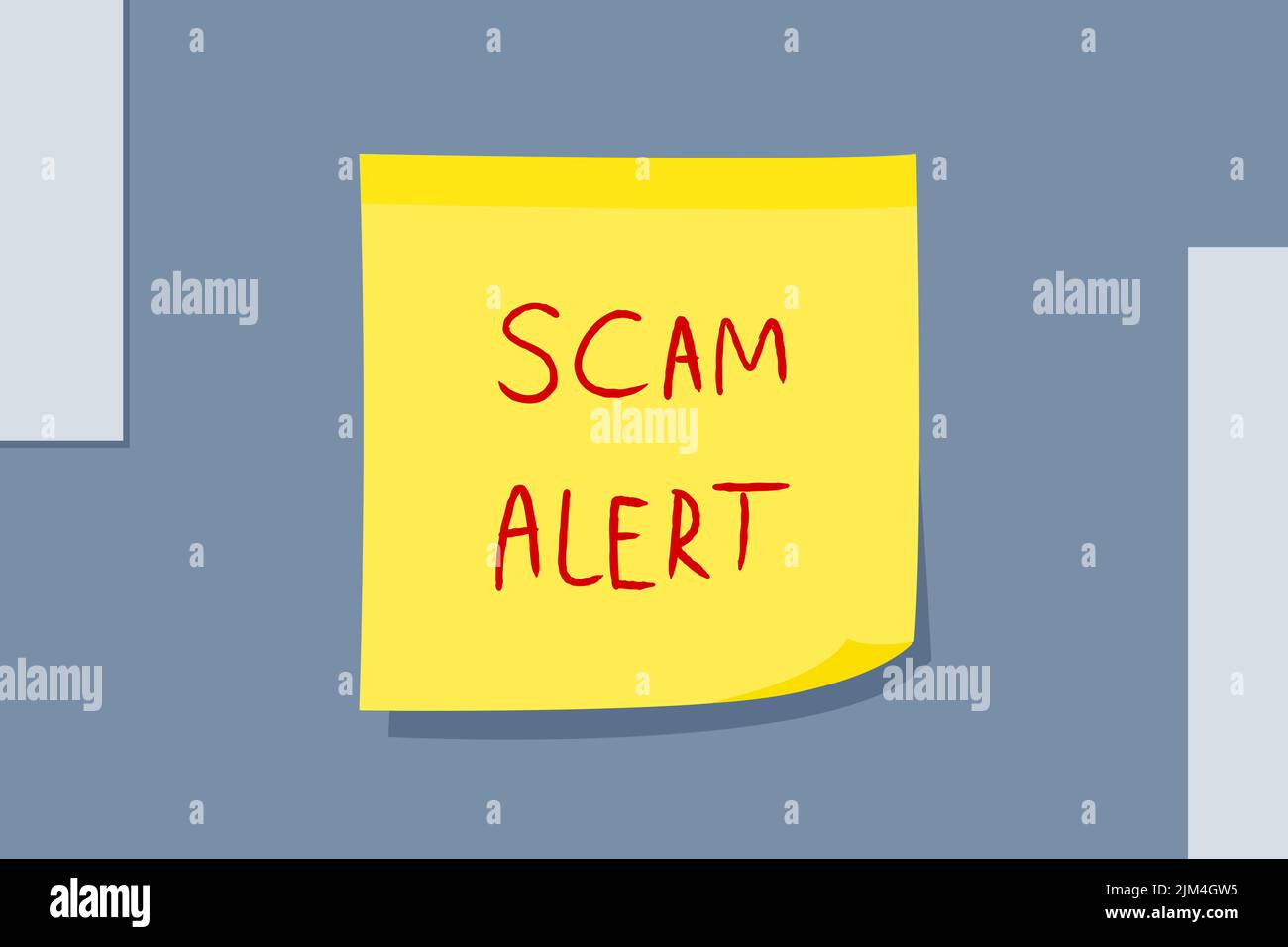 Scam alert. Online scam warning. Yellow sticky note message. Paper sign. Stock Vector