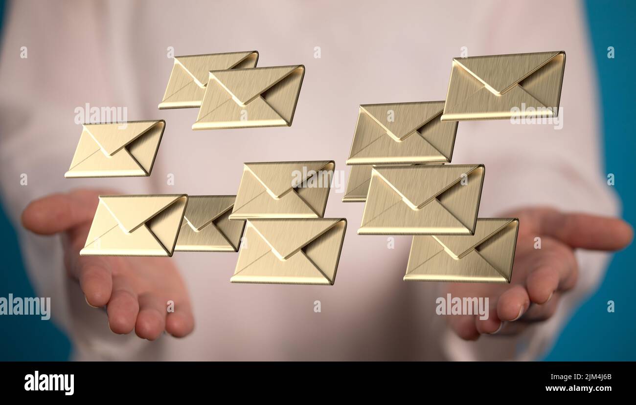 A businessman offering many email icons concept in a hands with blurred ...