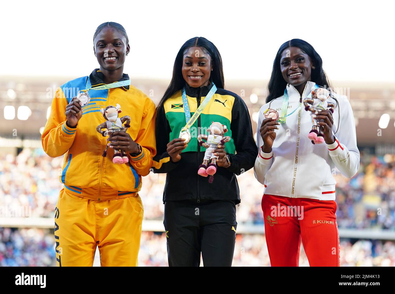 Silver medalist Saint Lucia's Julien Alfred (left), gold medalist Jamaica's Elaine Thompson-Herah (centre) and Bronze medalist England's Daryll Neita on the podium for the Women's 100m at Alexander Stadium on day seven of the 2022 Commonwealth Games in Birmingham. Picture date: Thursday August 4, 2022. Stock Photo