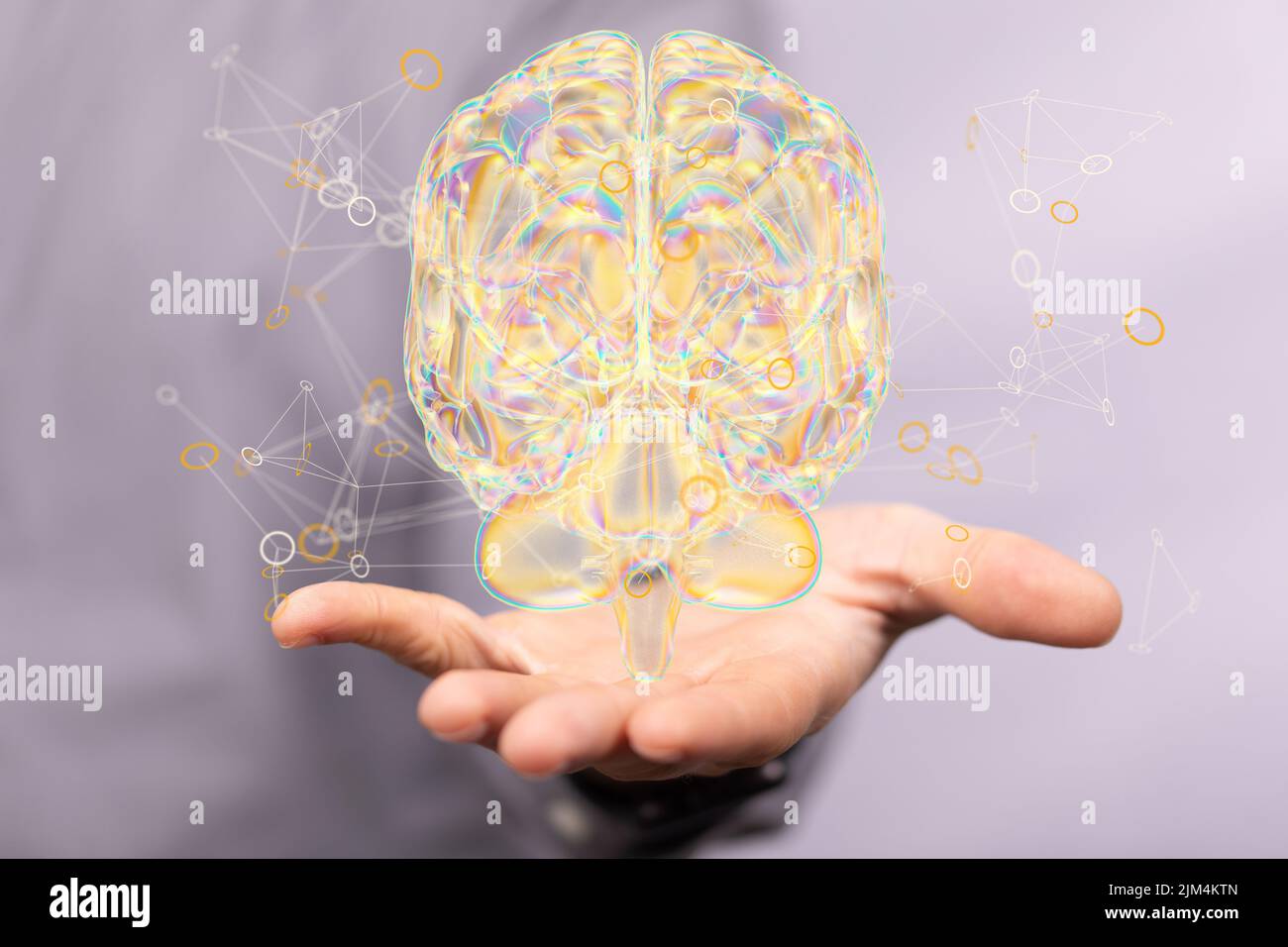 A person's hand with an illustrative brain floating above hands ...