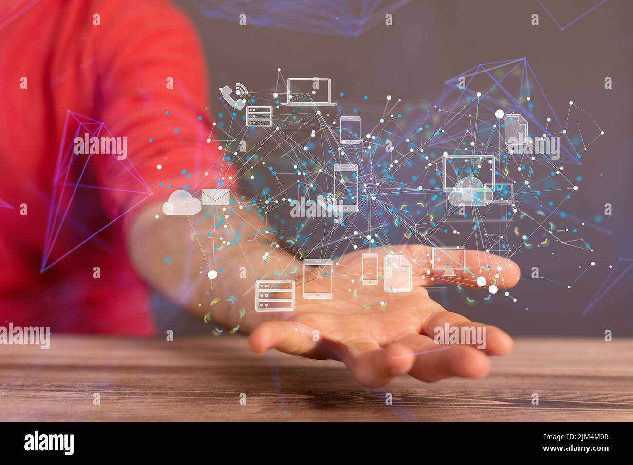 A 3D rendering of a digital data cloud levitating above a person's hand ...
