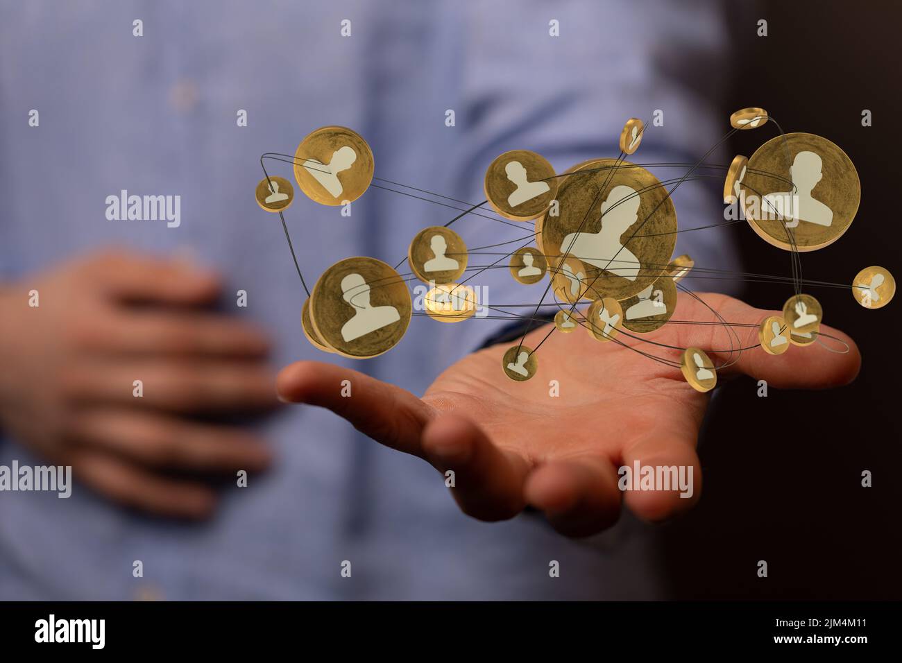 A 3D rendering of profile icons levitating above a person's hand Stock ...