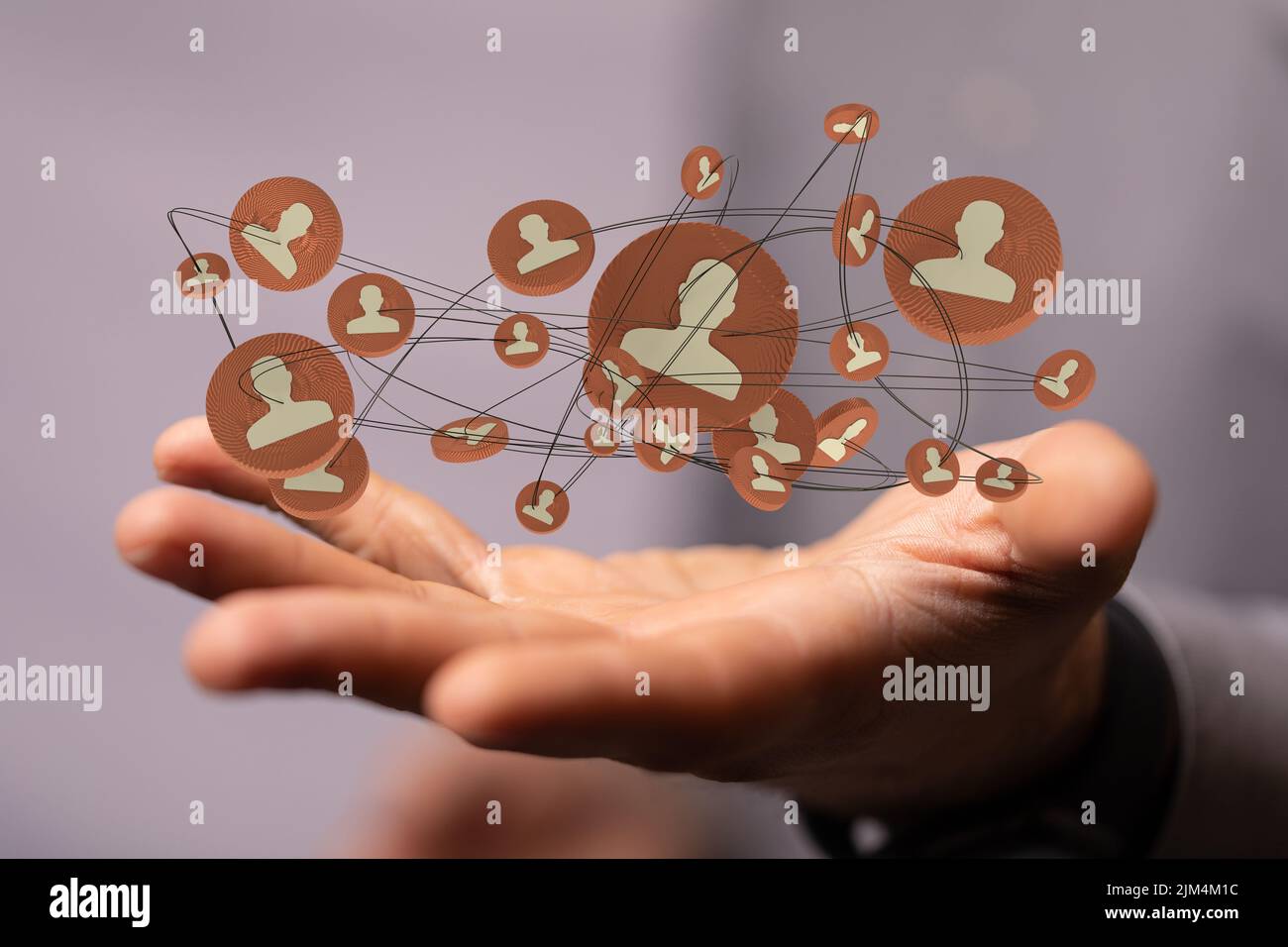 A 3D rendering of profile icons levitating above a person's hand Stock ...