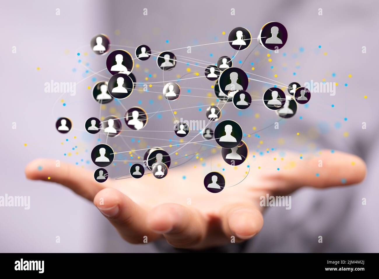 A 3D rendering of profile icons levitating above a person's hands Stock ...