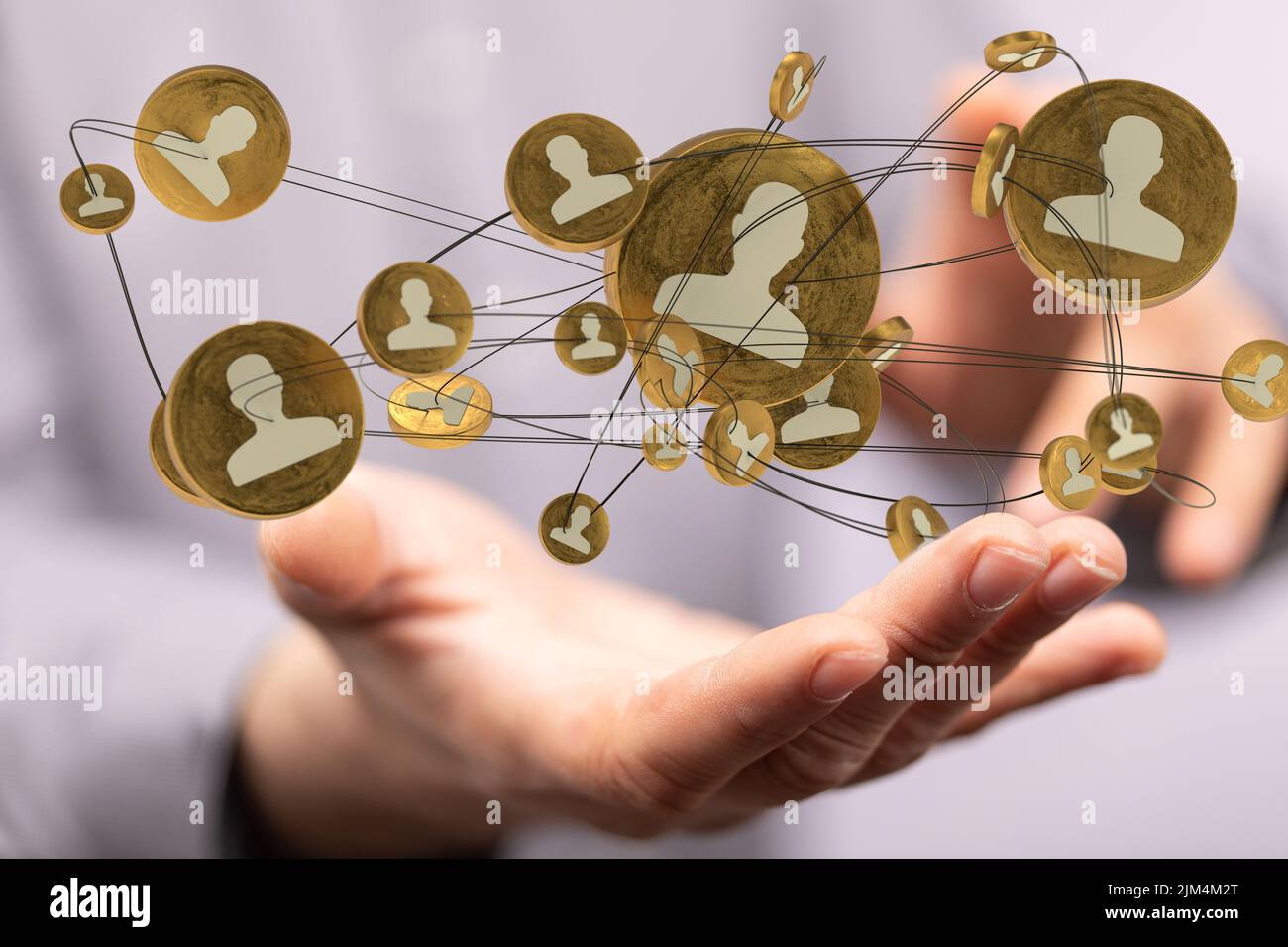 A 3D rendering of profile icons levitating above a person's hands Stock ...