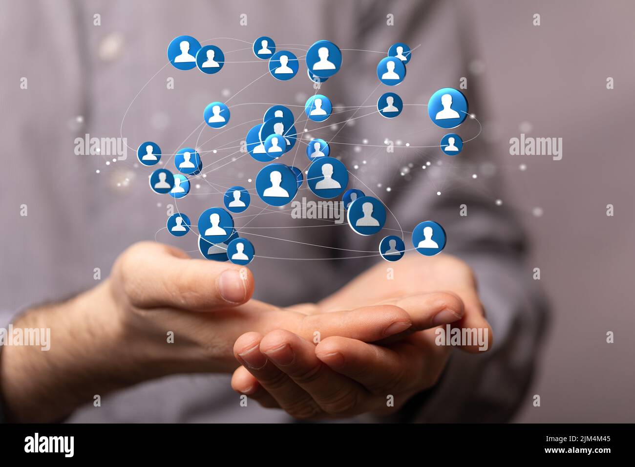 A 3D rendering of profile icons levitating above a person's hands Stock ...