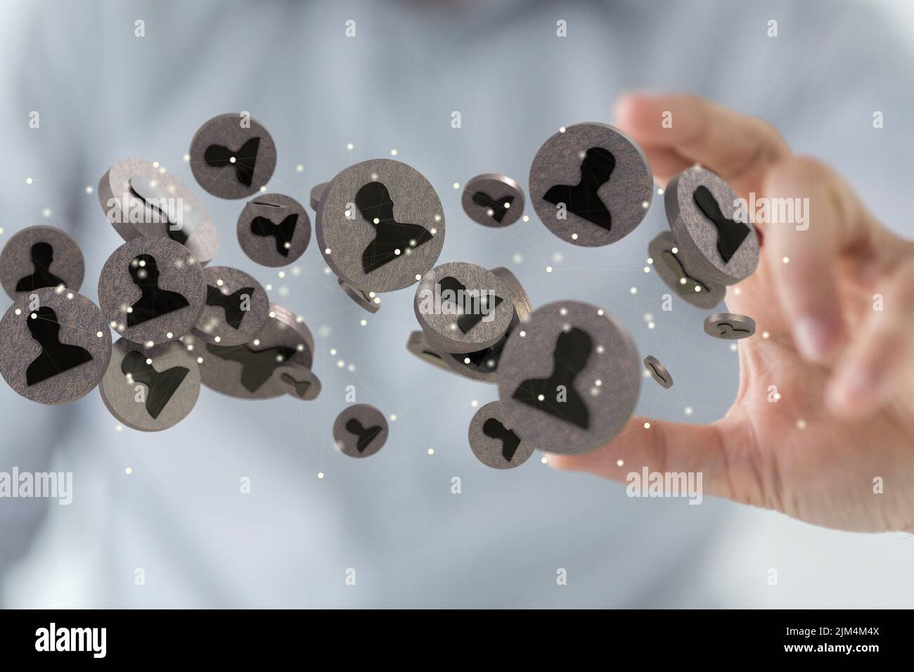 A 3D rendering of profile icons levitating on a person's hands Stock ...
