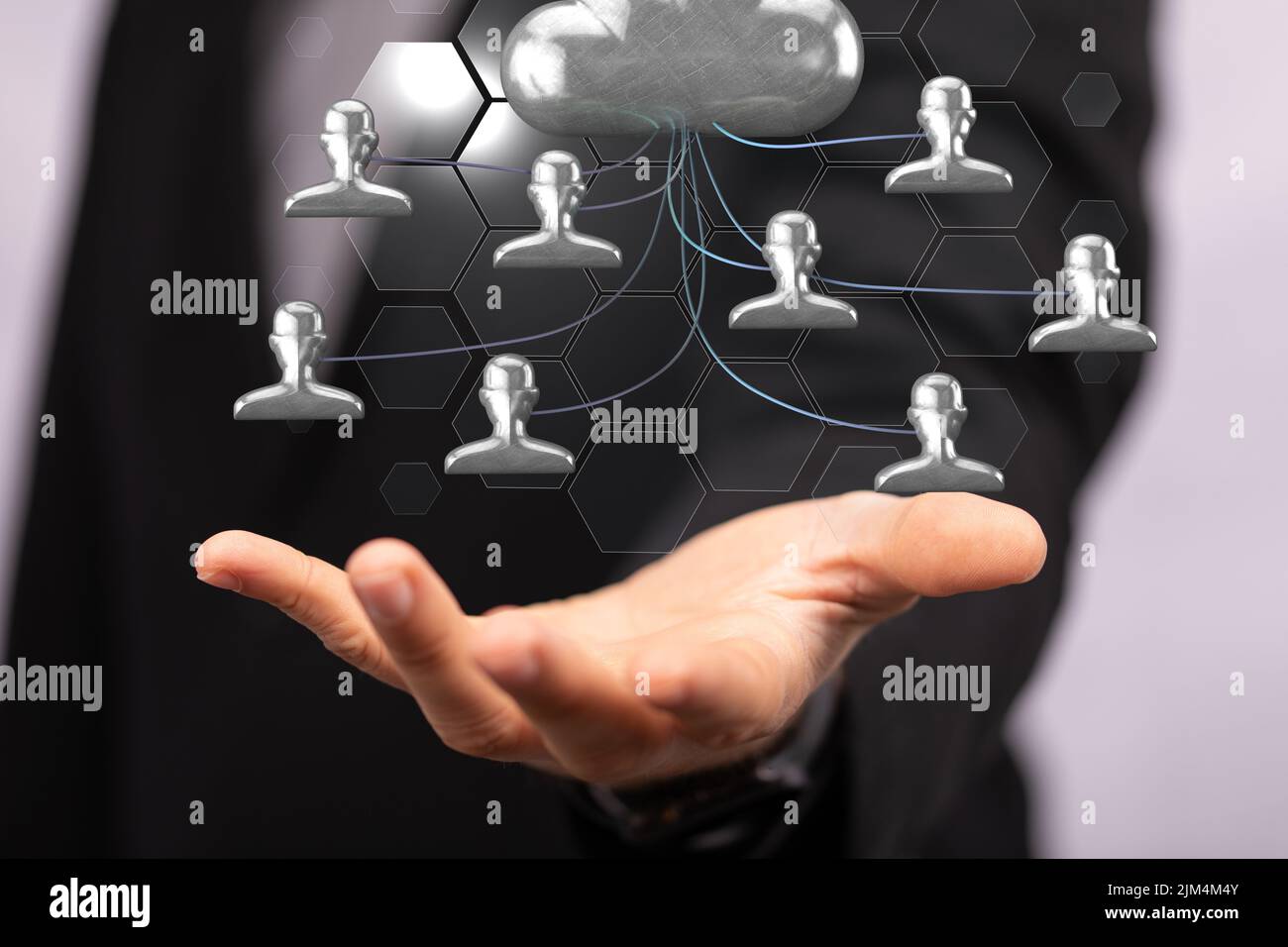 A 3D rendering of profile icons levitating above a person's hand Stock ...