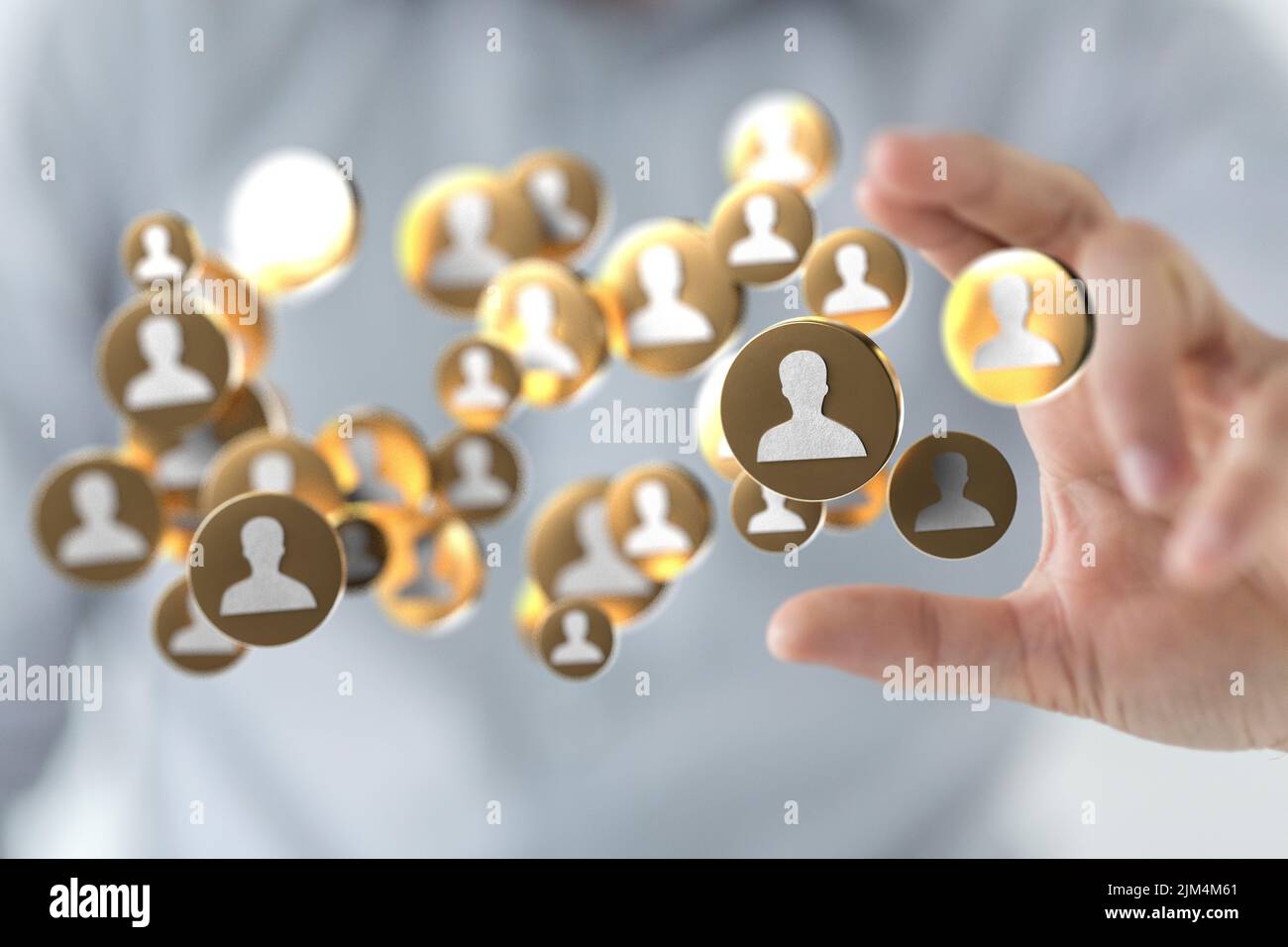 A 3D rendering of profile icons levitating in the air next to a person ...