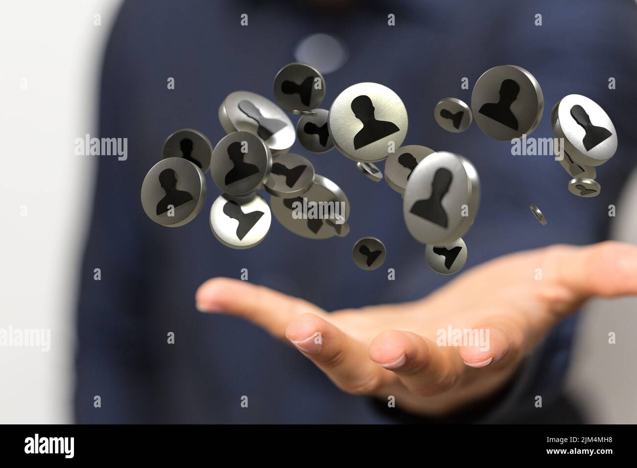 A 3D rendering of profile icons levitating above a person's hands Stock ...